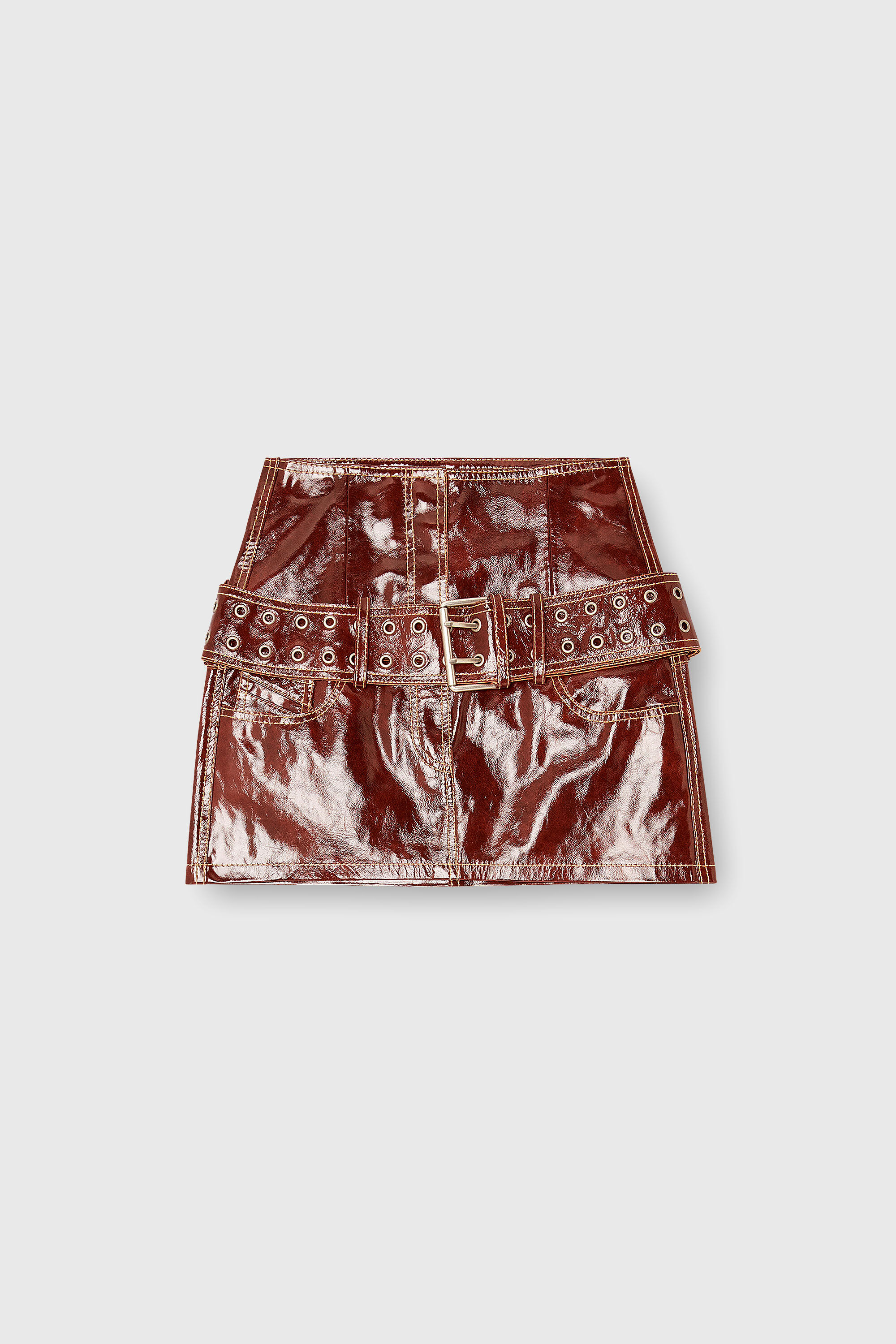 Diesel - L-EVANT, Woman's Patent-leather miniskirt with belt in Brown - 2