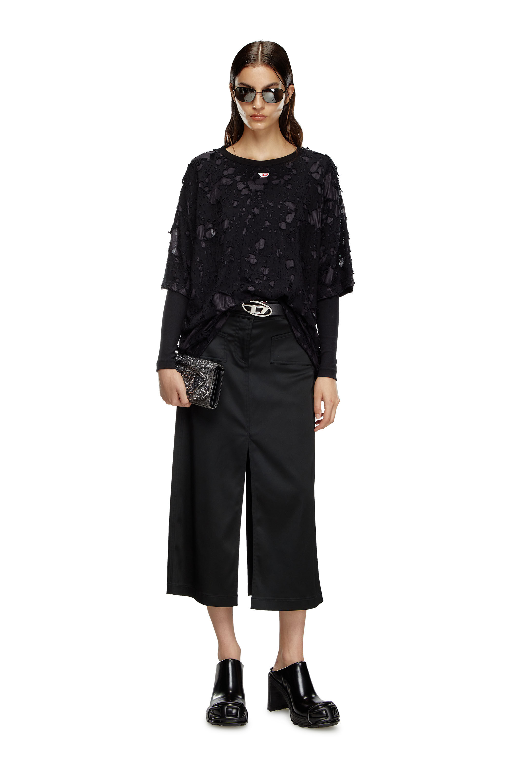 Diesel - O-YAN, Woman's Midi skirt in stretch satin in Black - 1