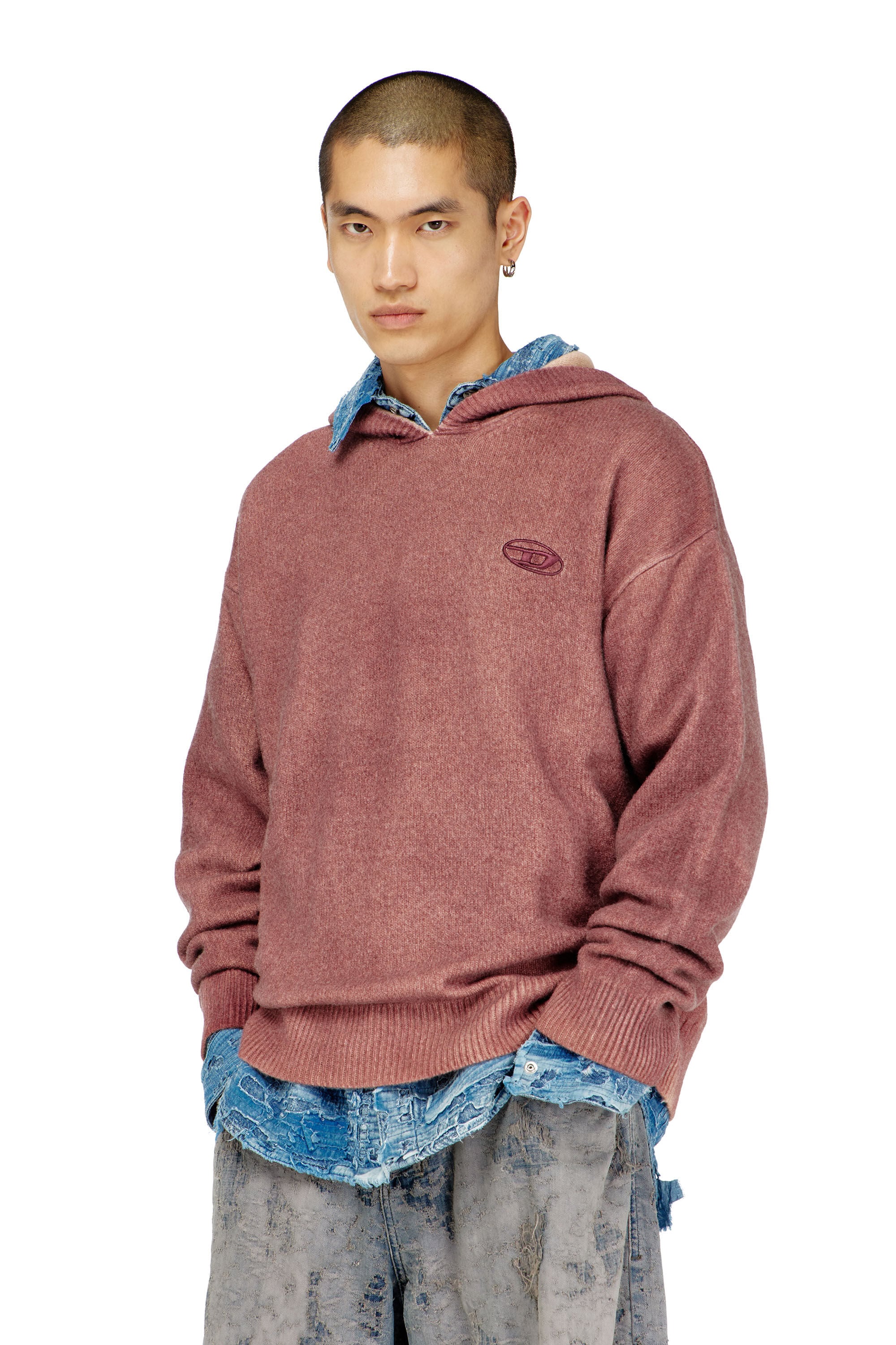 Diesel - K-PICKLED, Man's Double-dyed hoodie in wool-blend knit in Bordeaux - 3