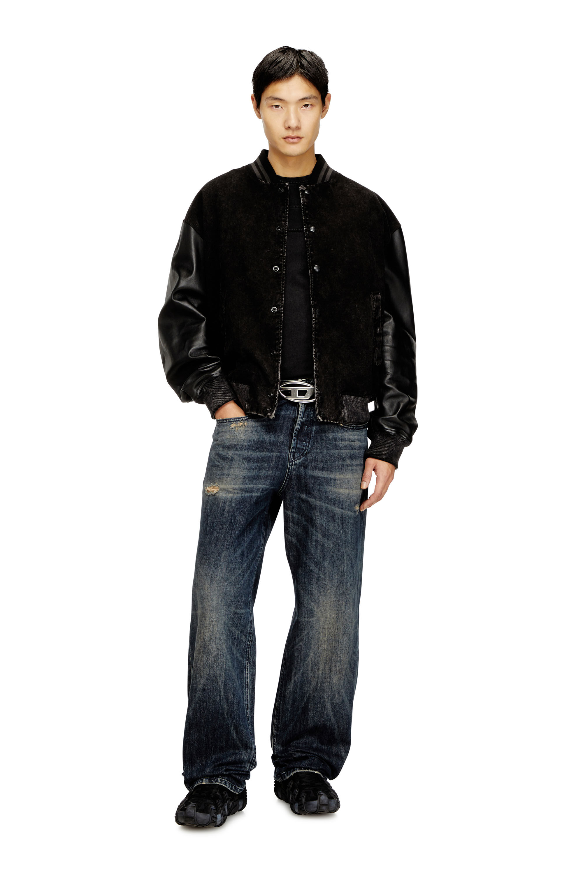Diesel - L-NYN, Man's Denim and leather bomber jacket in Black - 1