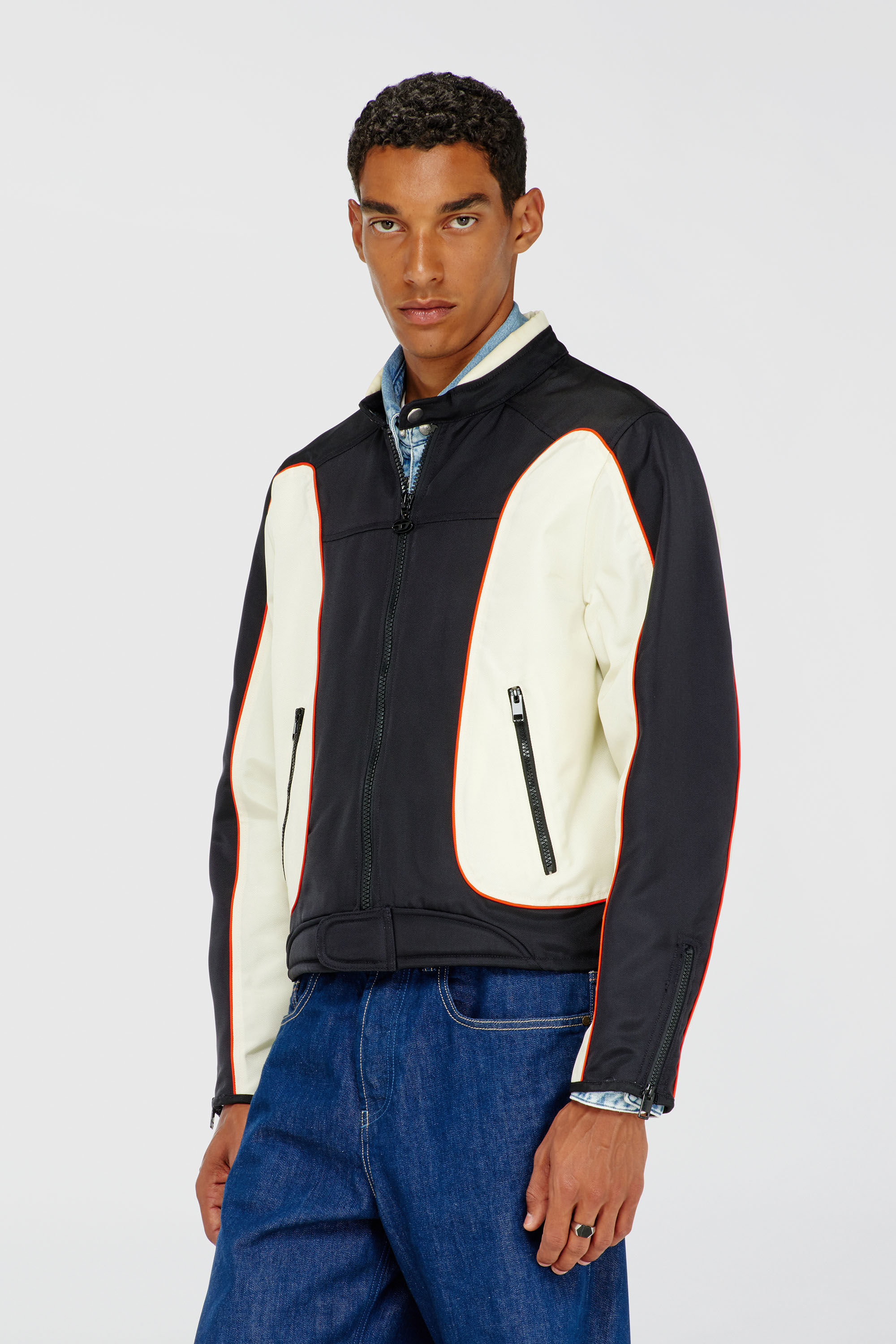 Diesel - J-BLINK-A, Man's Colour-block biker jacket with piping in White/Black - 3