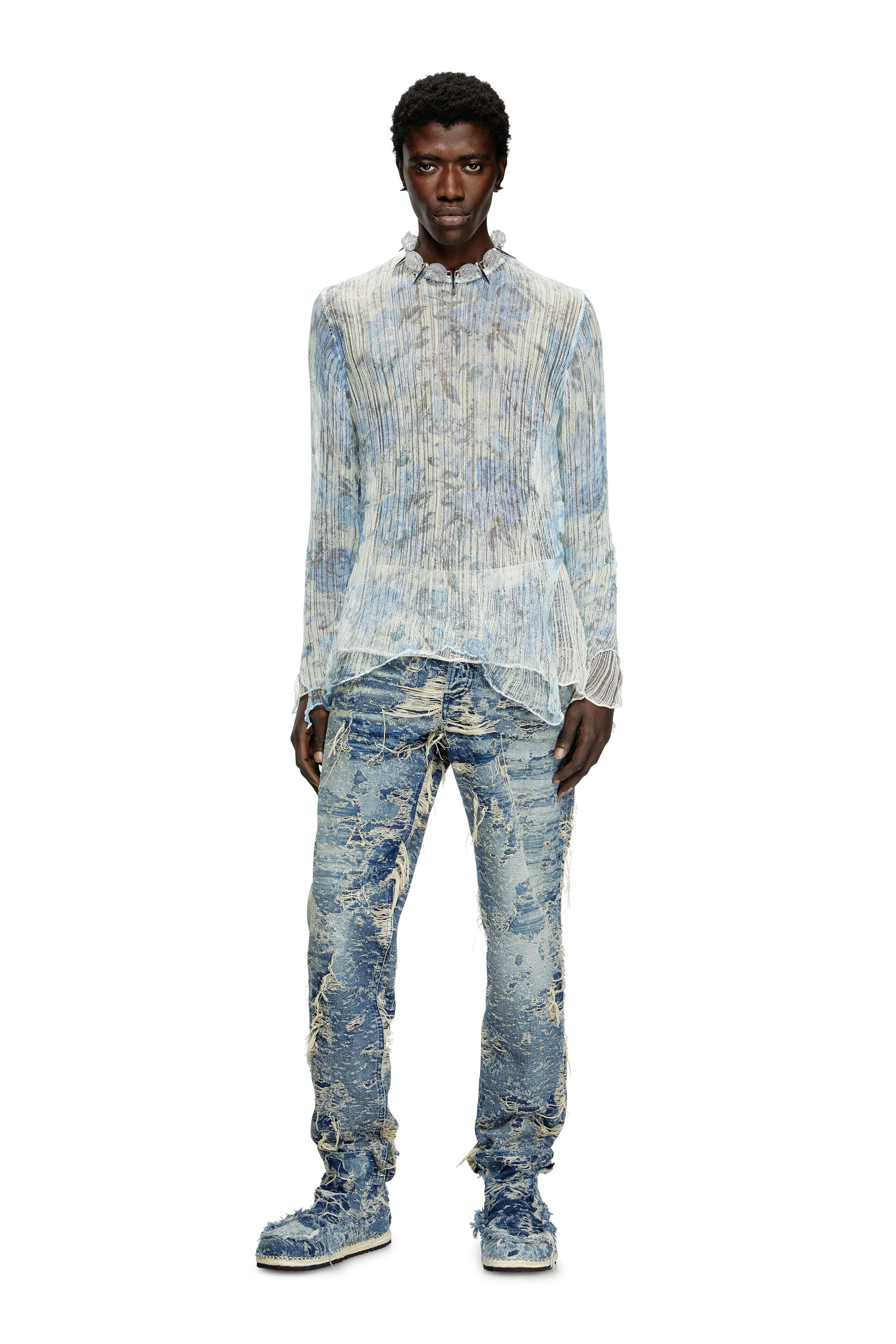 Diesel - K-AASMOS-A, Unisex's Dishevelled knit jumper with floral print in Light Blue - 1
