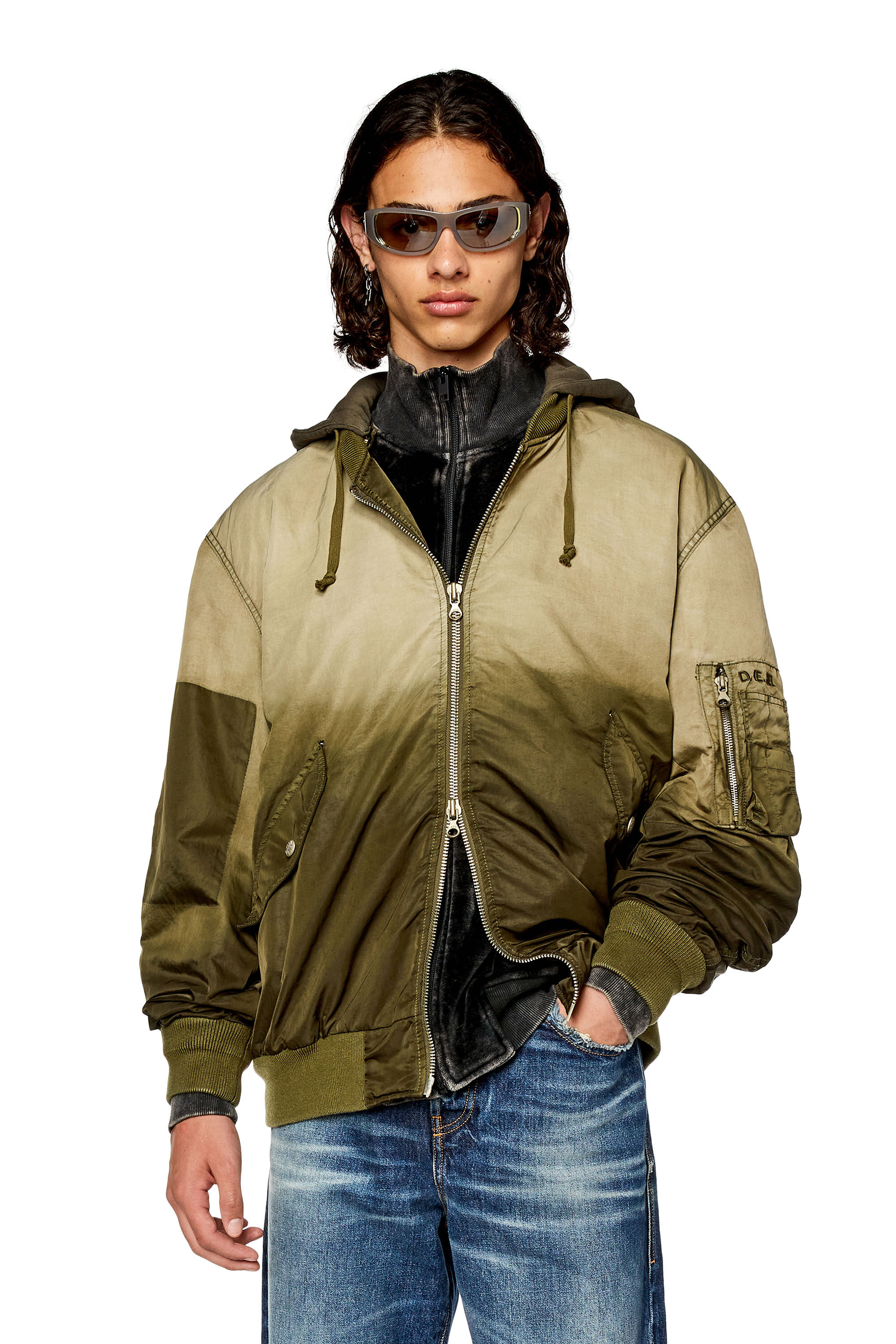 Diesel - J-COMMON, Man's Hooded bomber in treated nylon satin in Light Brown - 3
