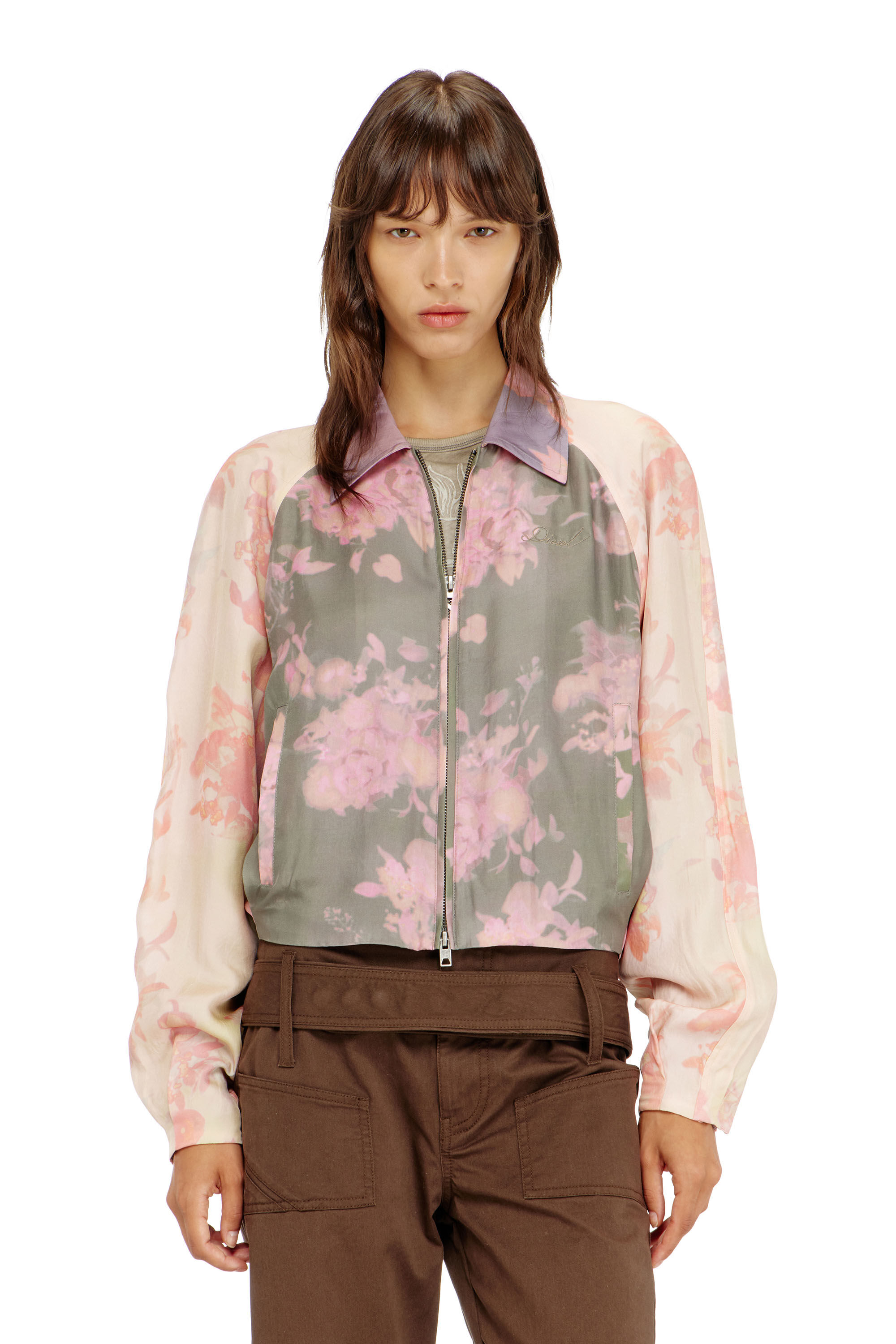 Diesel - G-ALENA, Woman's Floral bomber jacket in crinkled acetate in Green/Pink - 3