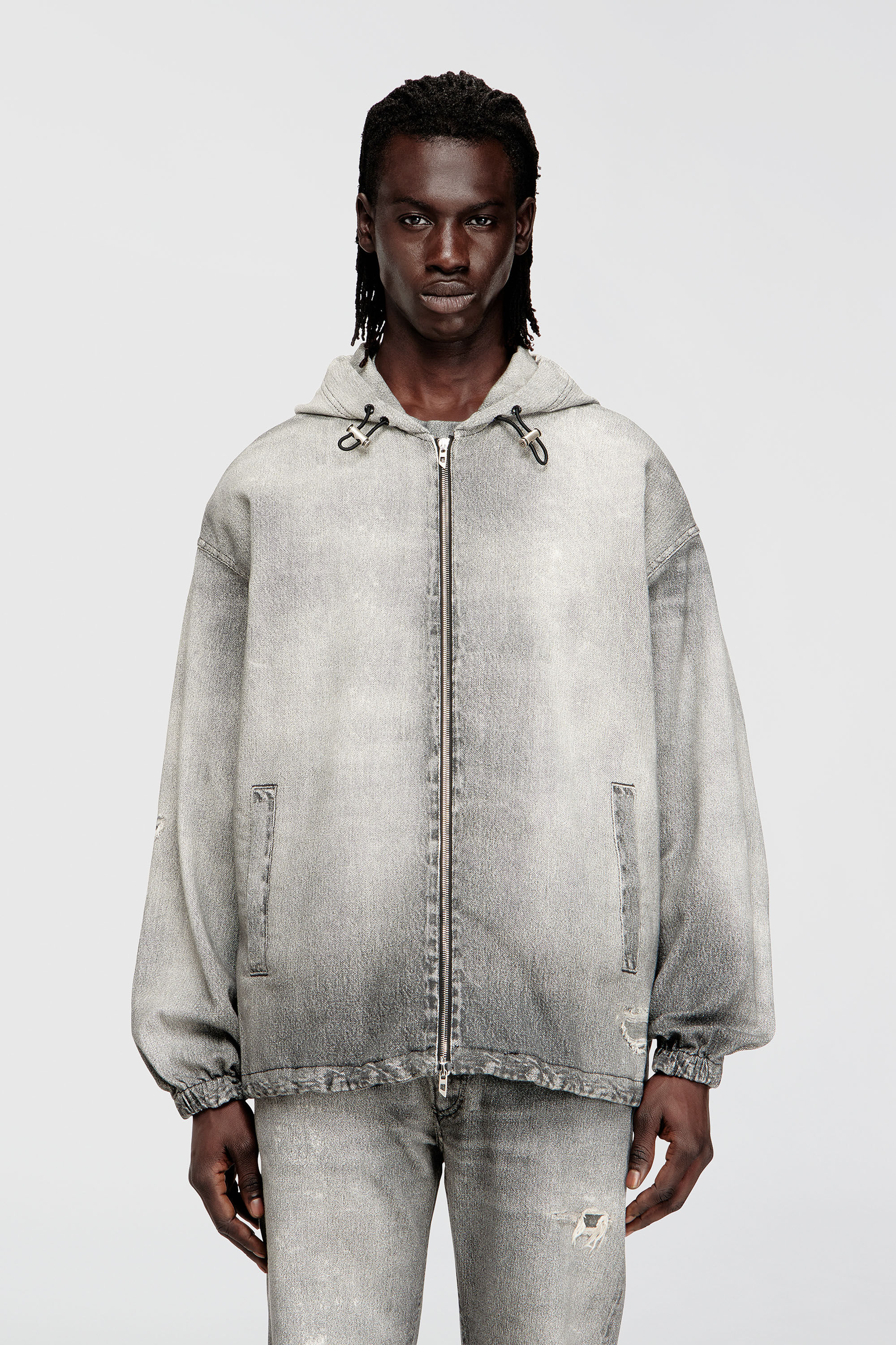 Diesel - D-WYNNY JOGG, Man's Hooded jacket in trompe l'oeil JoggJeans in Grey - 3