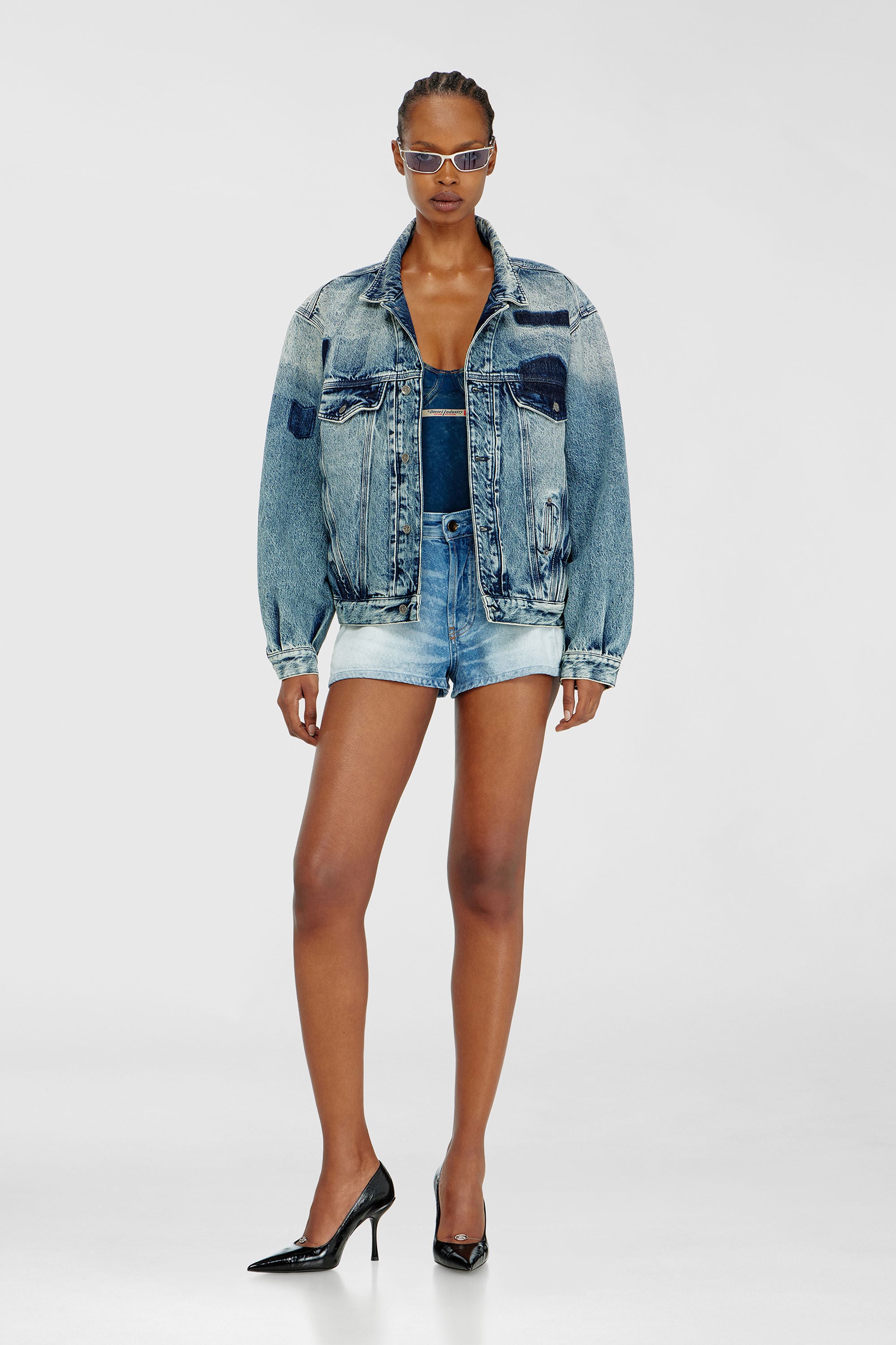 Diesel - D-DENVER-S2, Unisex's Trucker jacket with patch effects in Medium blue - 7