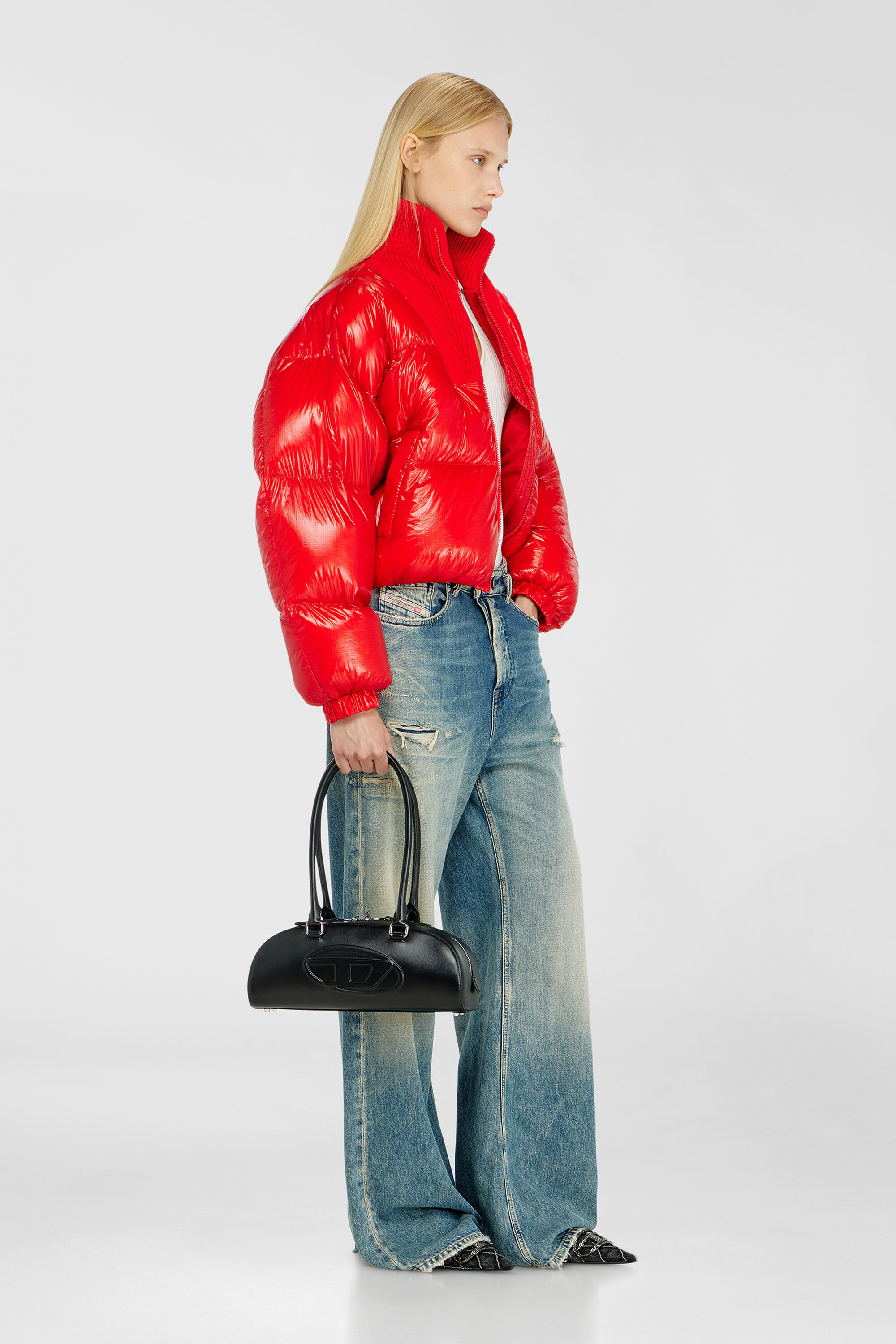 Diesel - W-ARRIOR, Woman's Down puffer jacket in ripstop with knitted collar in Red - 1