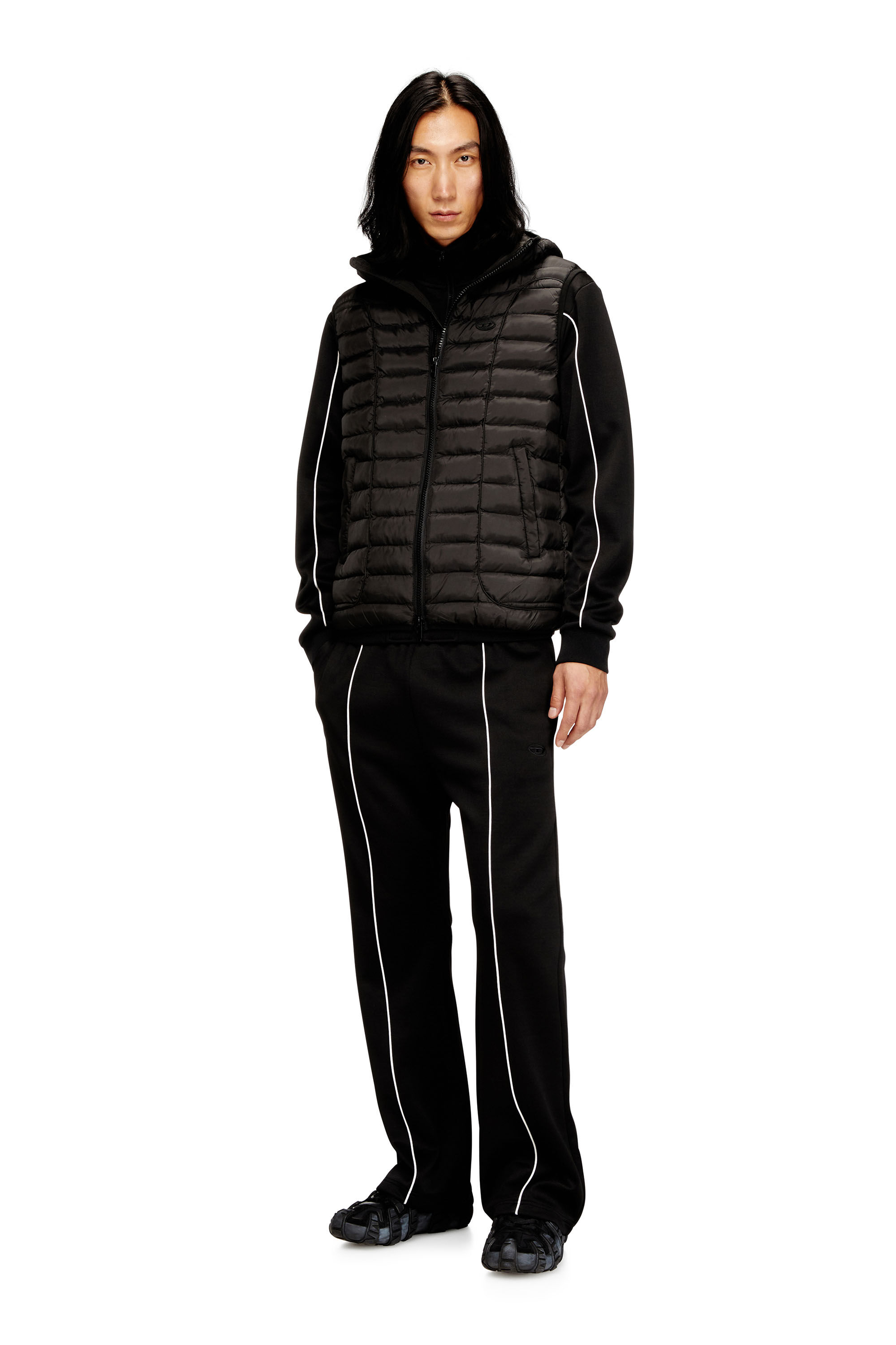 Diesel - W-TEMPLE, Man's Hooded puffer vest in light nylon in Black - 1