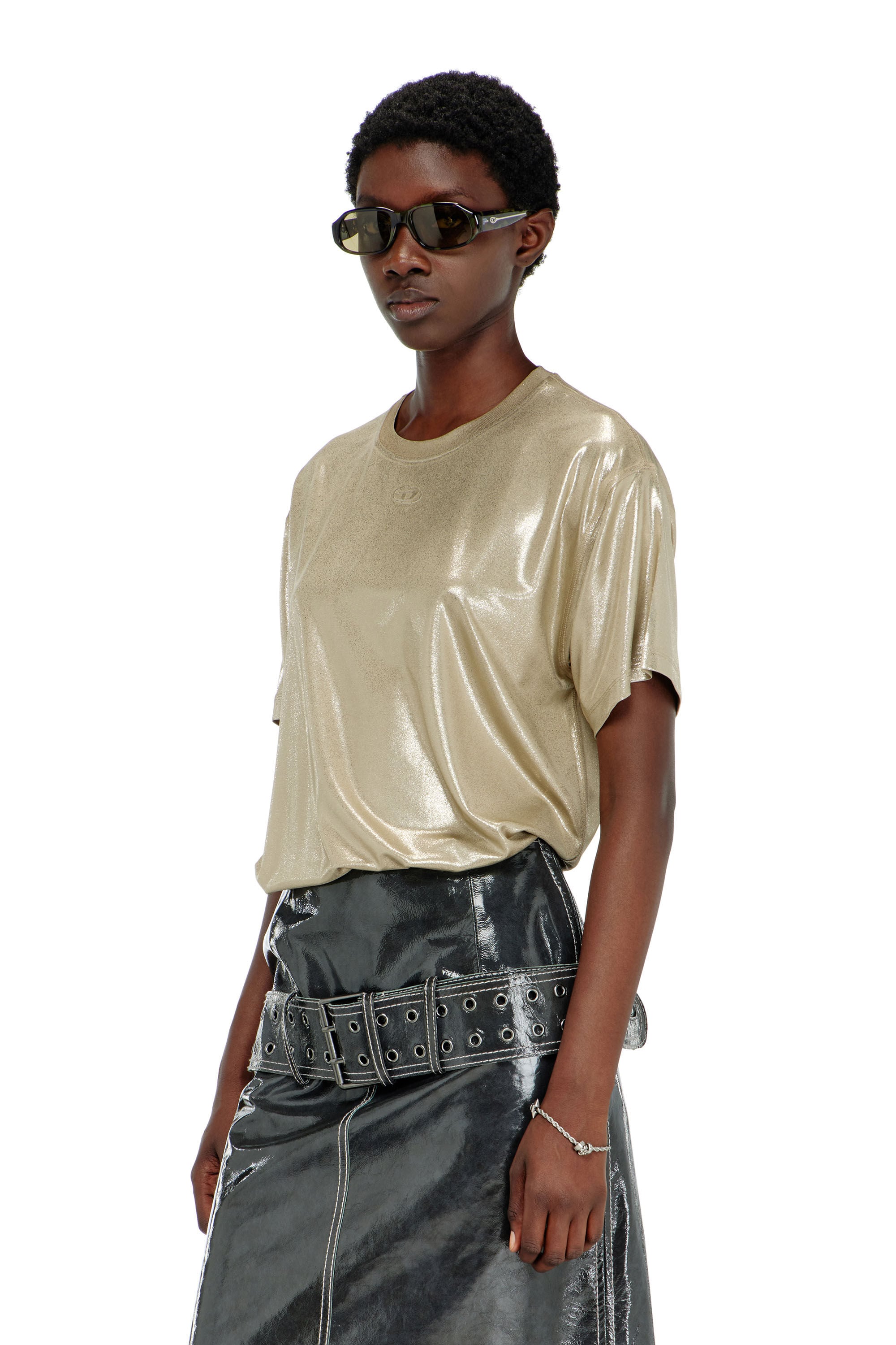 Diesel - T-NORMY-AA2, Woman's Jersey T-shirt with metallic finish in Beige - 3