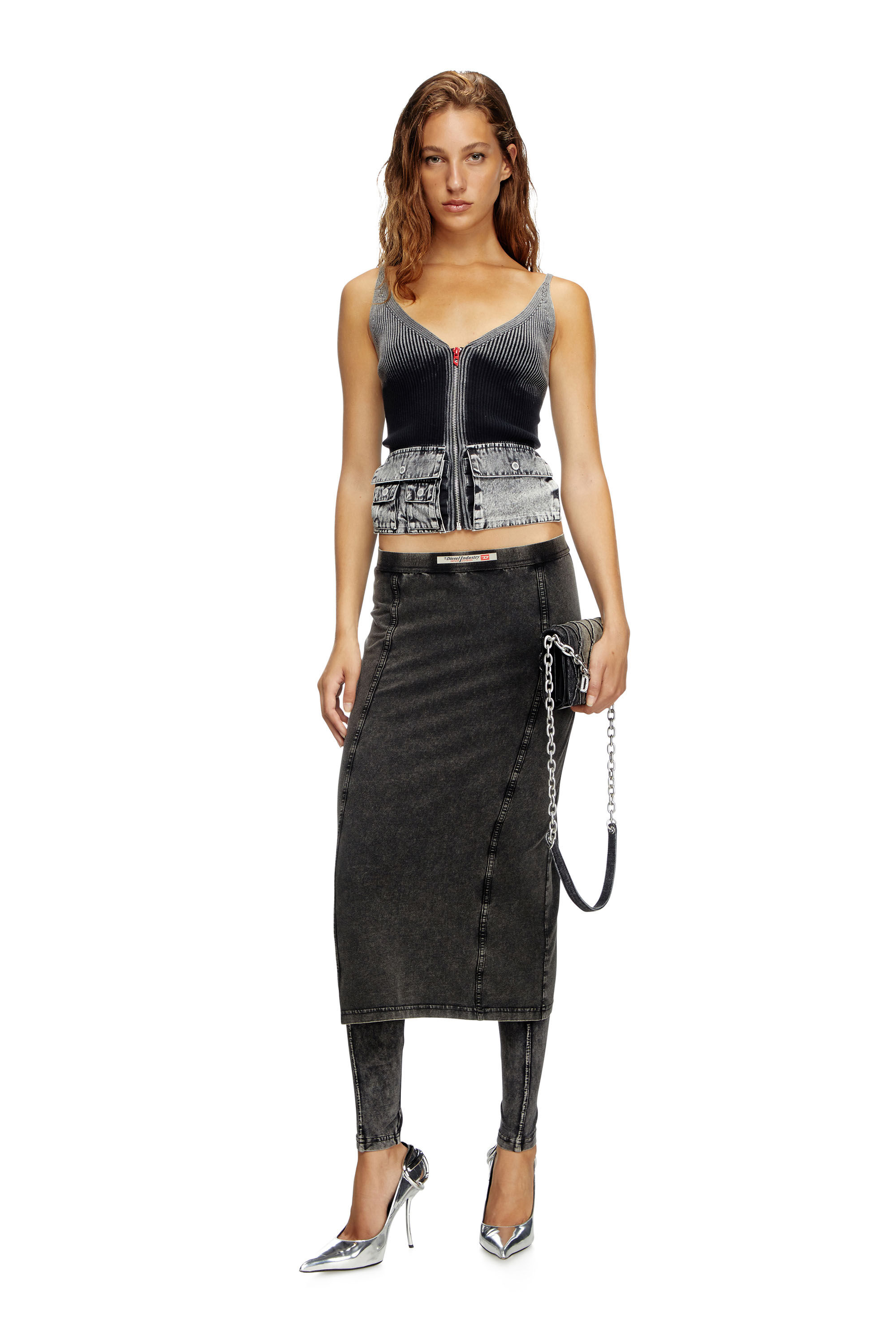 Diesel - M-MELLY, Woman's Knit tank top with denim cargo pockets in Dark grey - 1