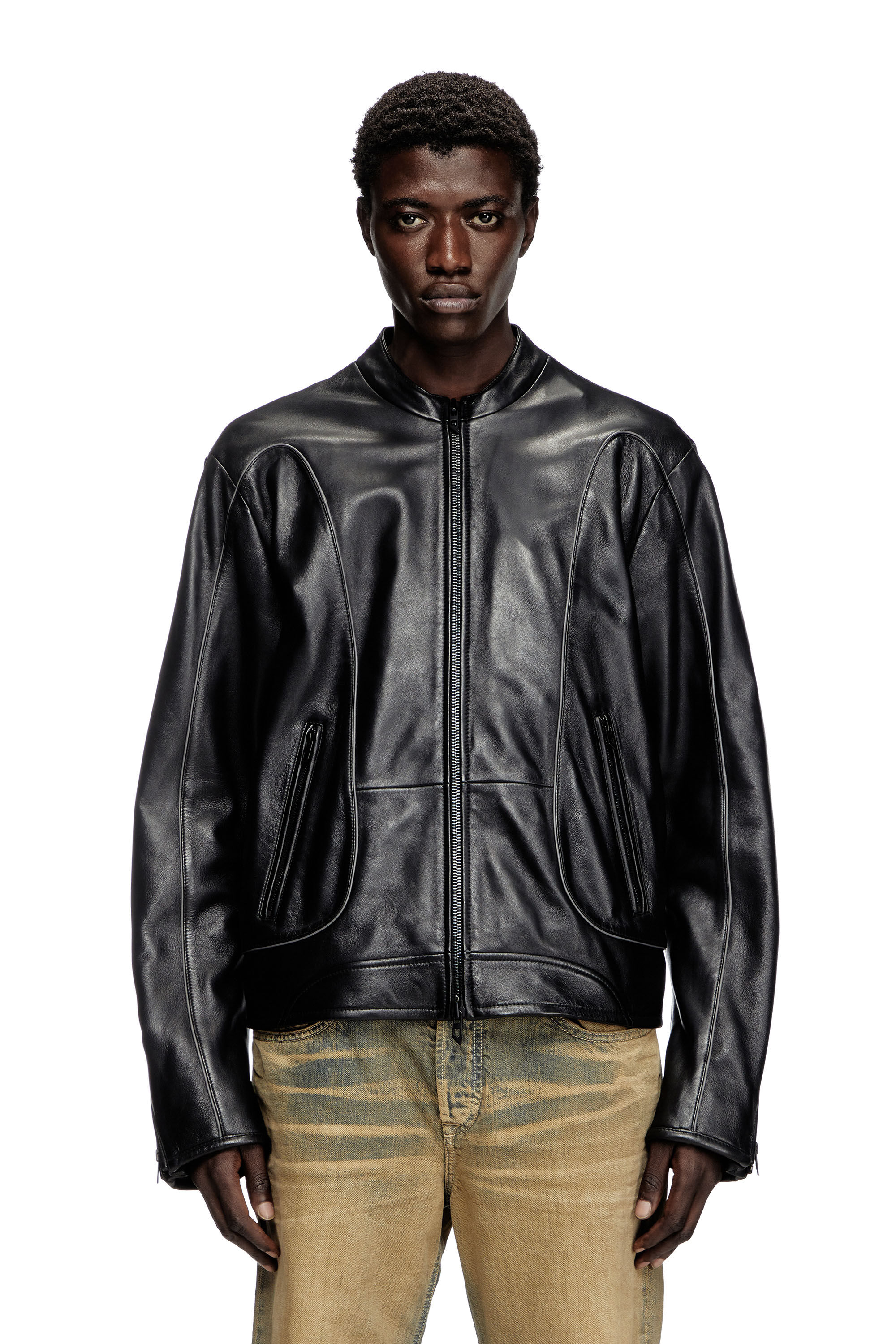 Diesel - L-KRIXY, Man's Leather biker jacket with piping detail in Black - 3