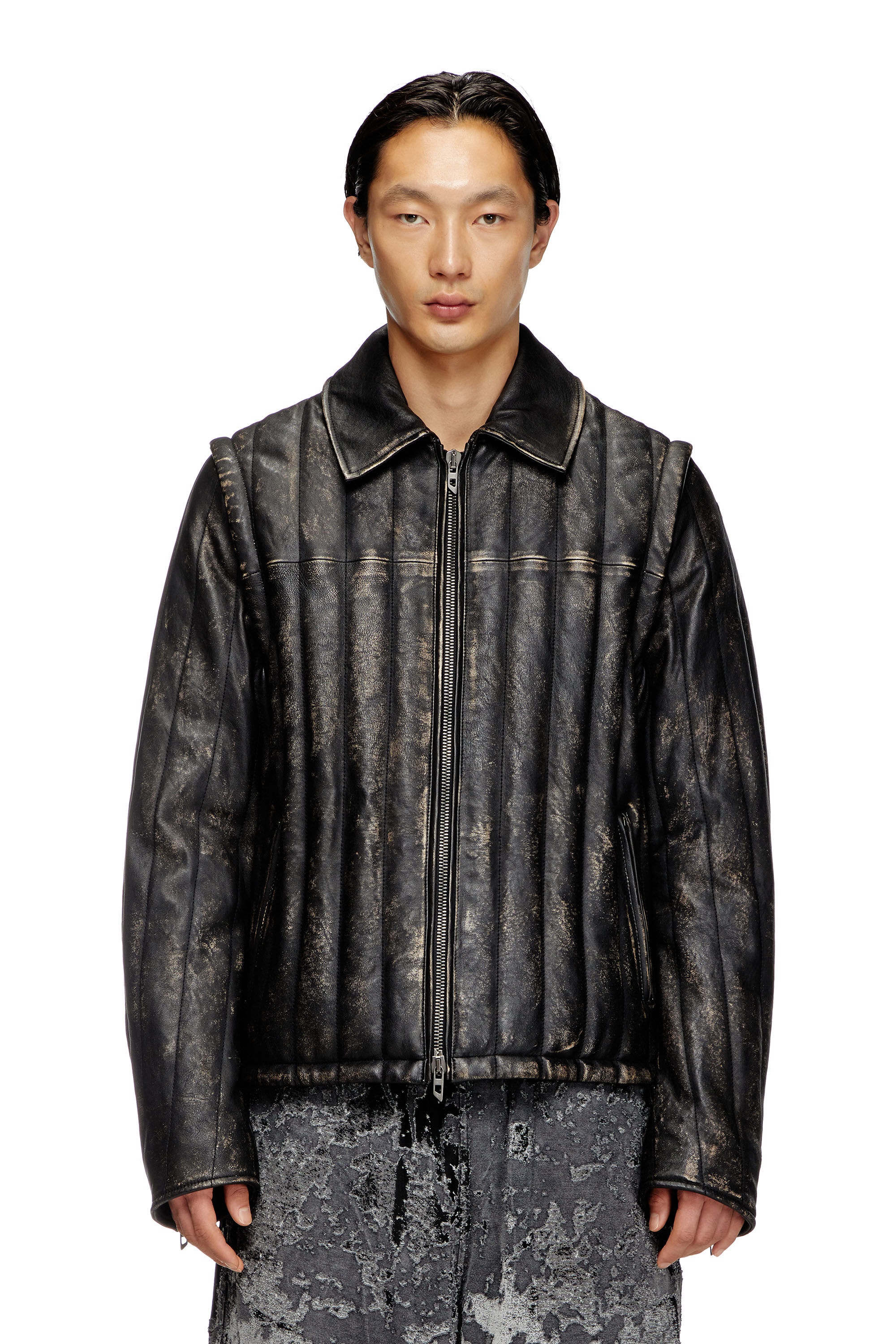 Men s Distressed quilted leather jacket vest Black Diesel