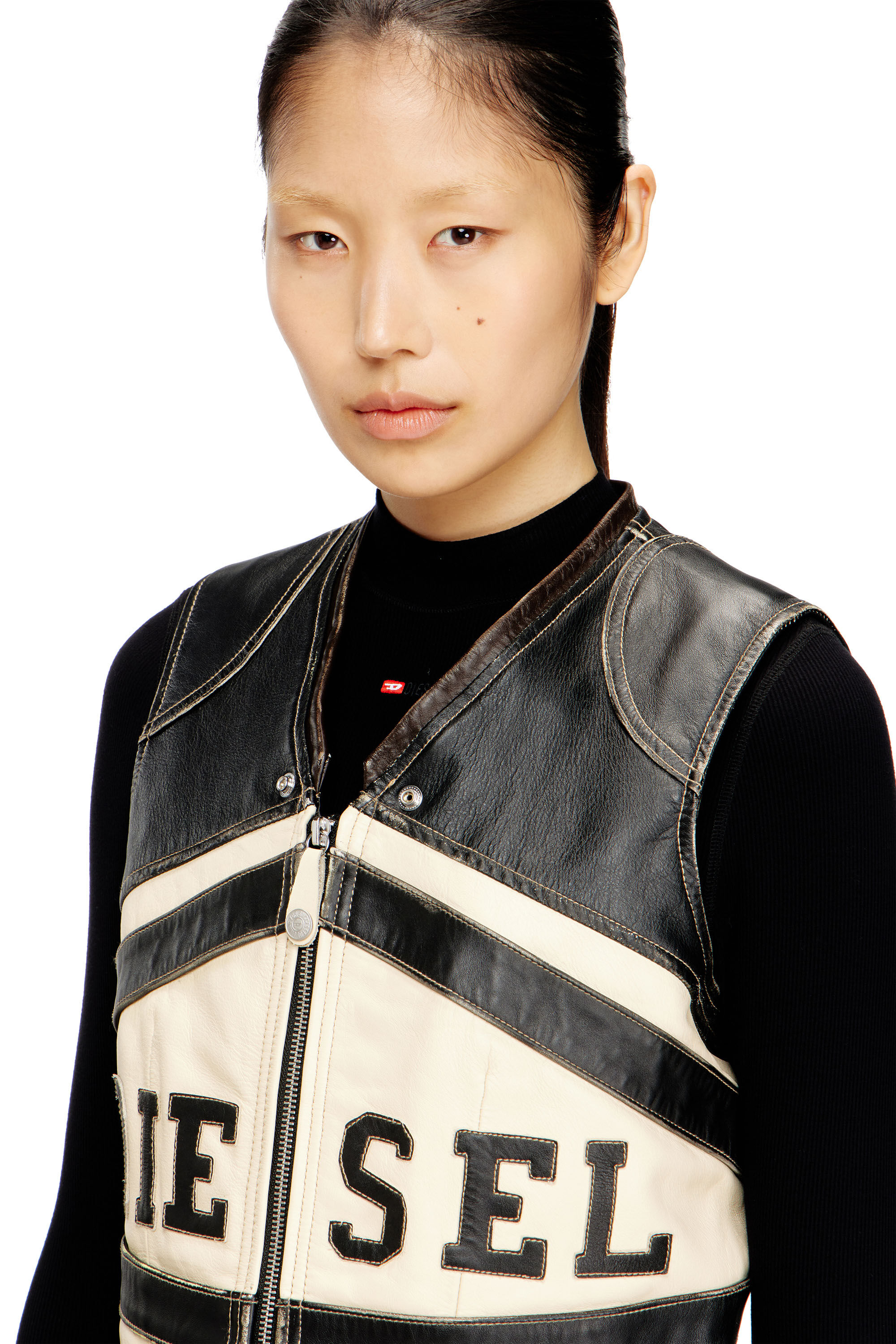 Diesel - L-FLYCOU-20TH, Woman's Leather vest with front logo and contrast stripes in Black/White - 5
