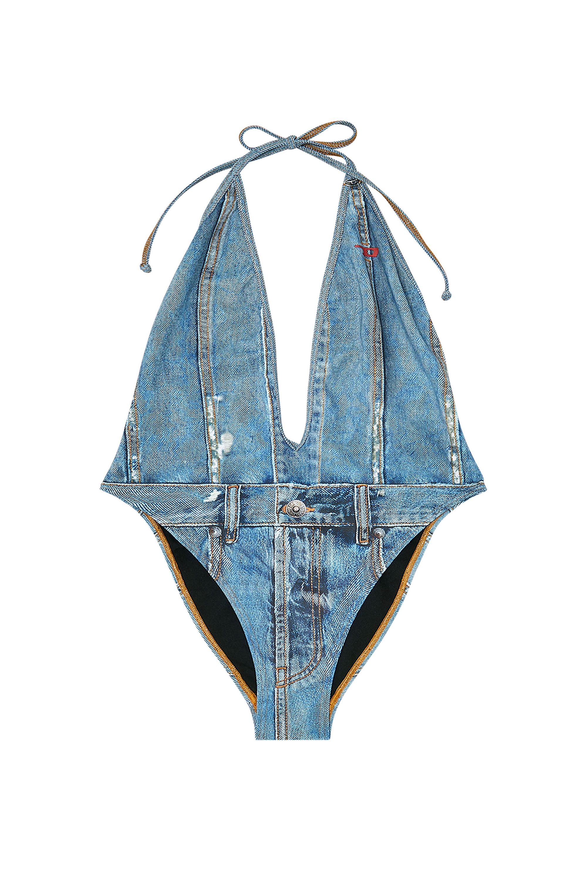 Diesel - KINSLEY-DNM, Woman's Plunging swimsuit with denim trompe l'oeil in Blue - 6