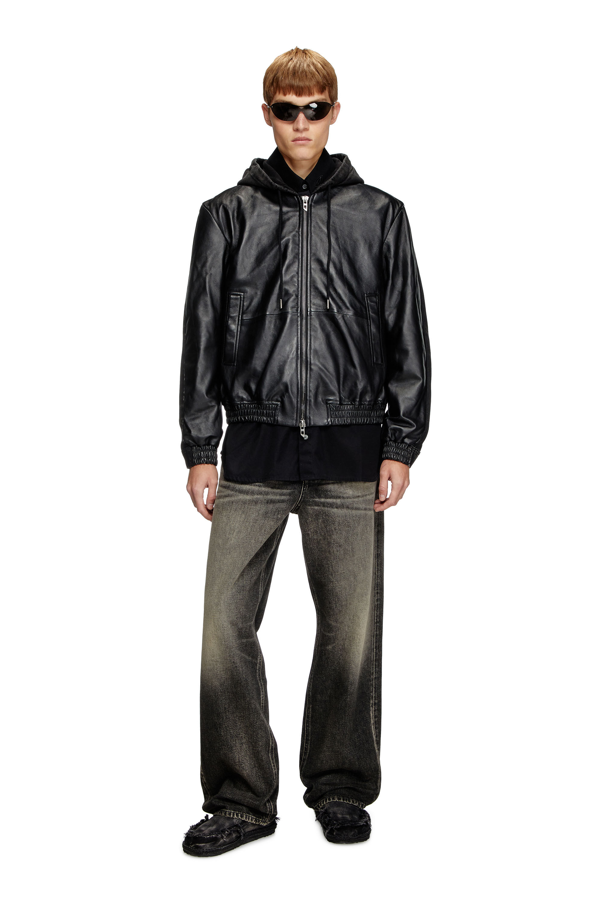 Men's Hooded jacket in leather, cotton and denim | Black | Diesel