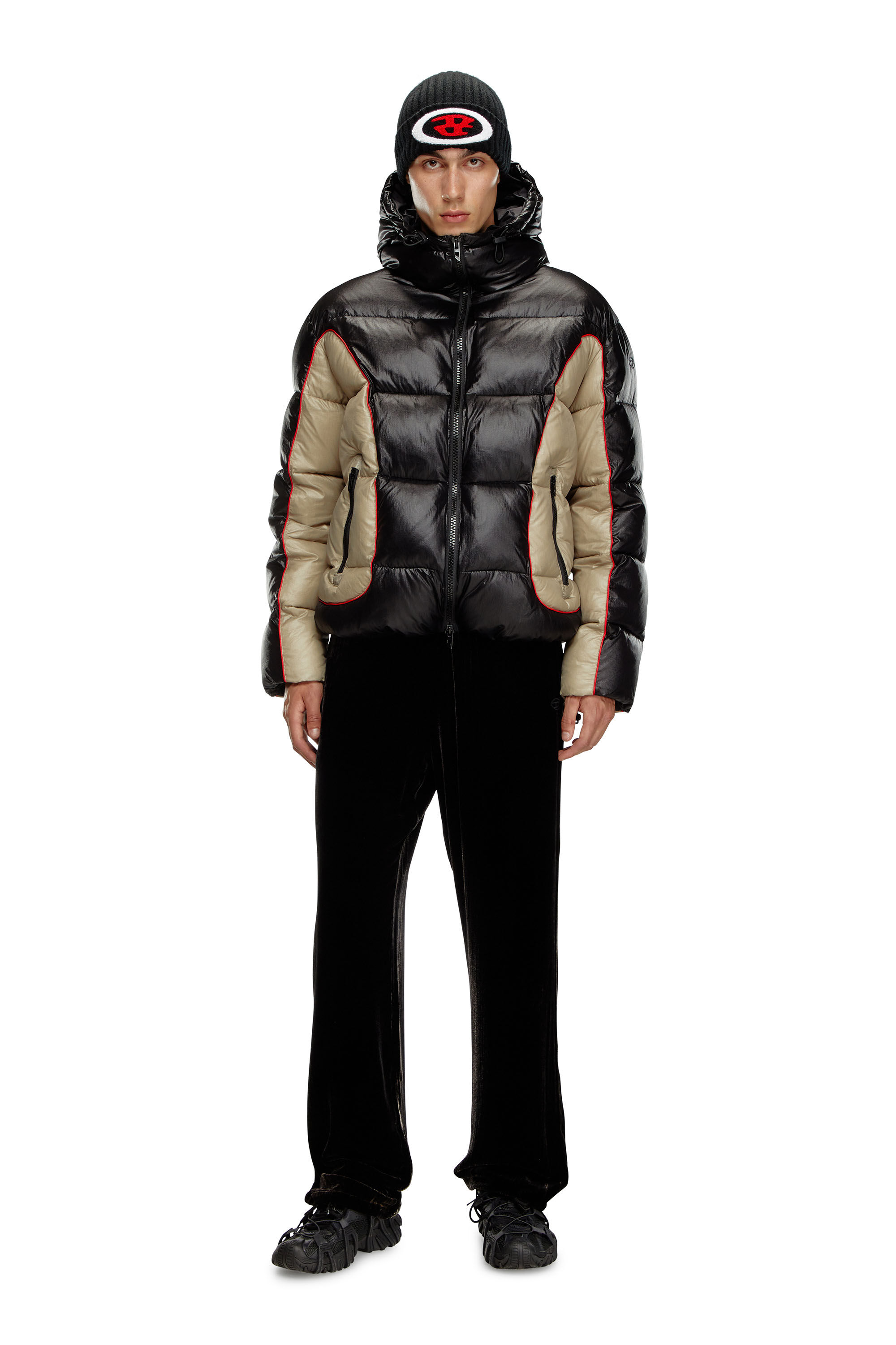 Men s Hooded puffer jacket in shiny ripstop Multicolor Diesel