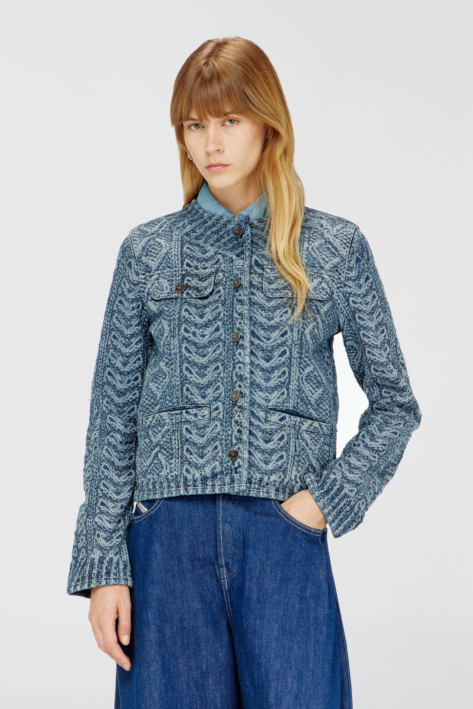 Diesel - DE-GRAFY-S2, Woman's Collarless jacket in cable-knit-effect denim in Medium blue - 3