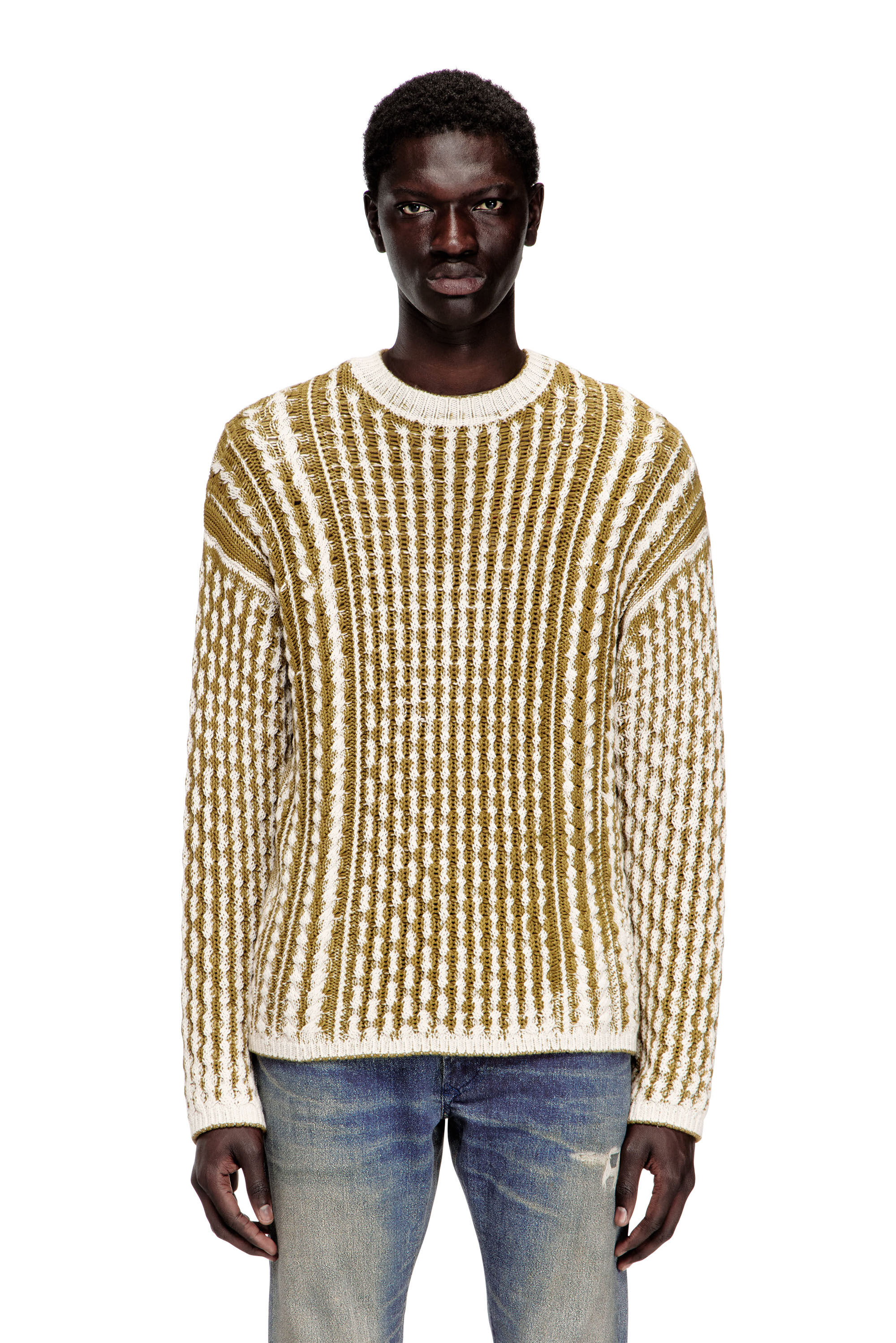 Diesel - K-MOISE, Man's Reverse-print cable-knit jumper in Brown/White - 3