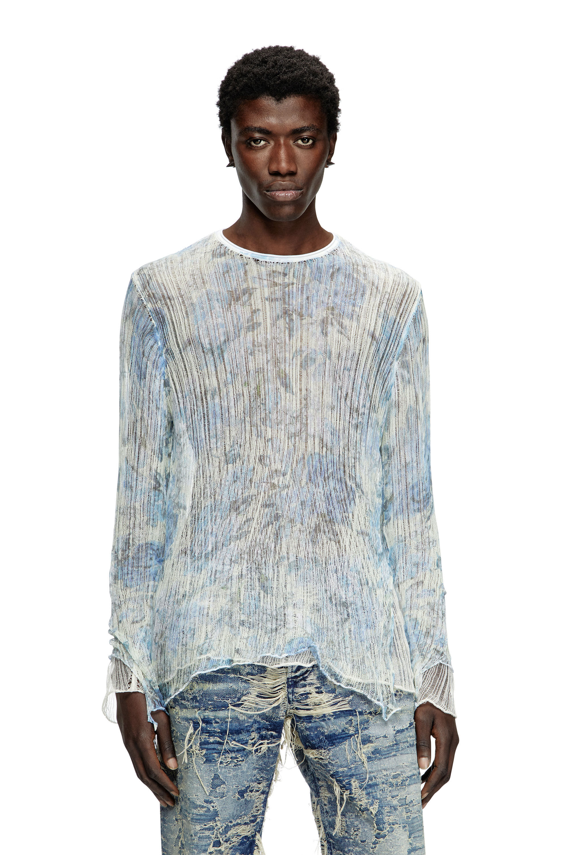 Diesel - K-AASMOS-A, Unisex's Dishevelled knit jumper with floral print in Light Blue - 3