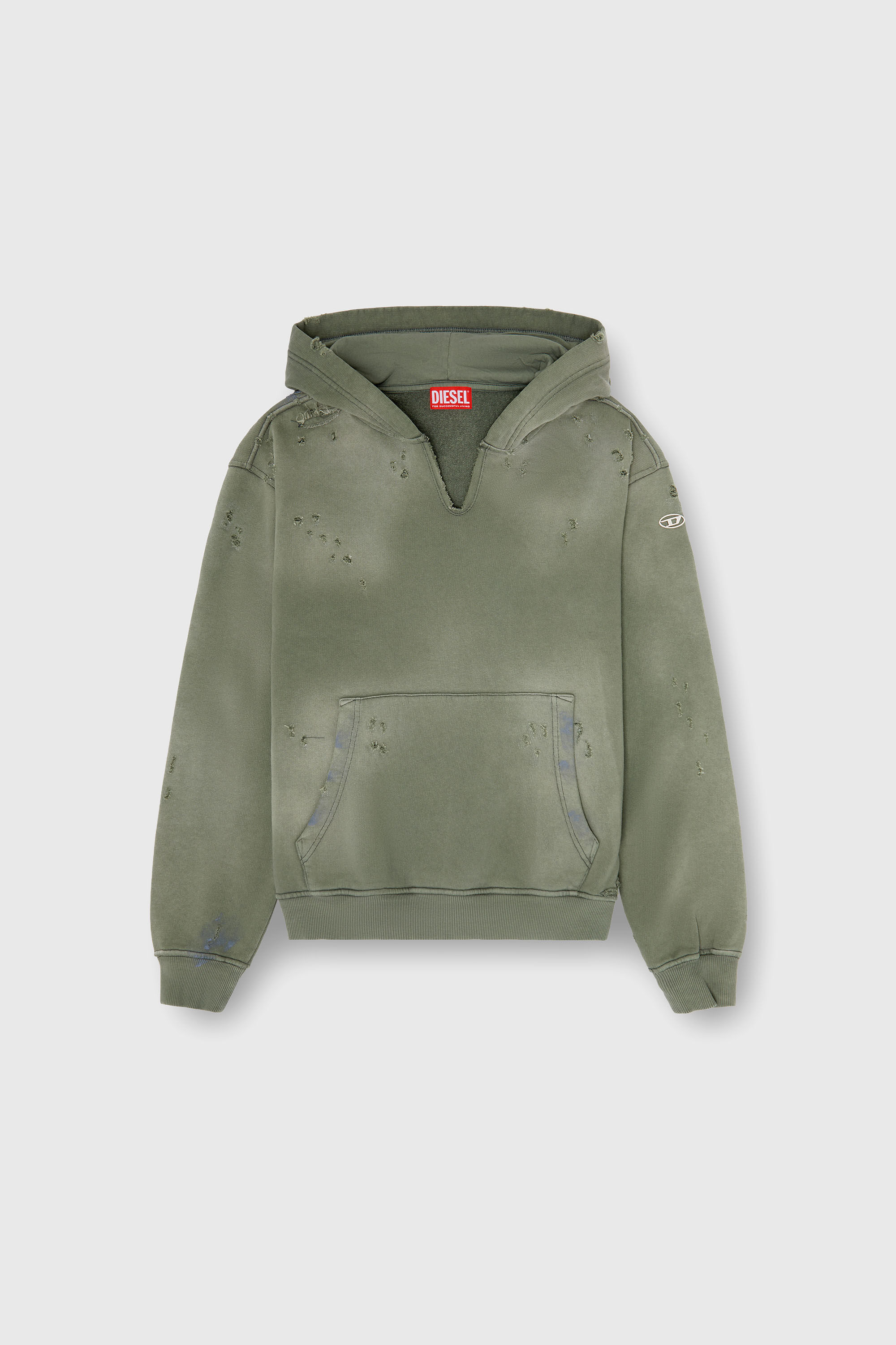 Diesel - S-KEITHY, Man's Distressed hoodie with V-neck in Grey - 2