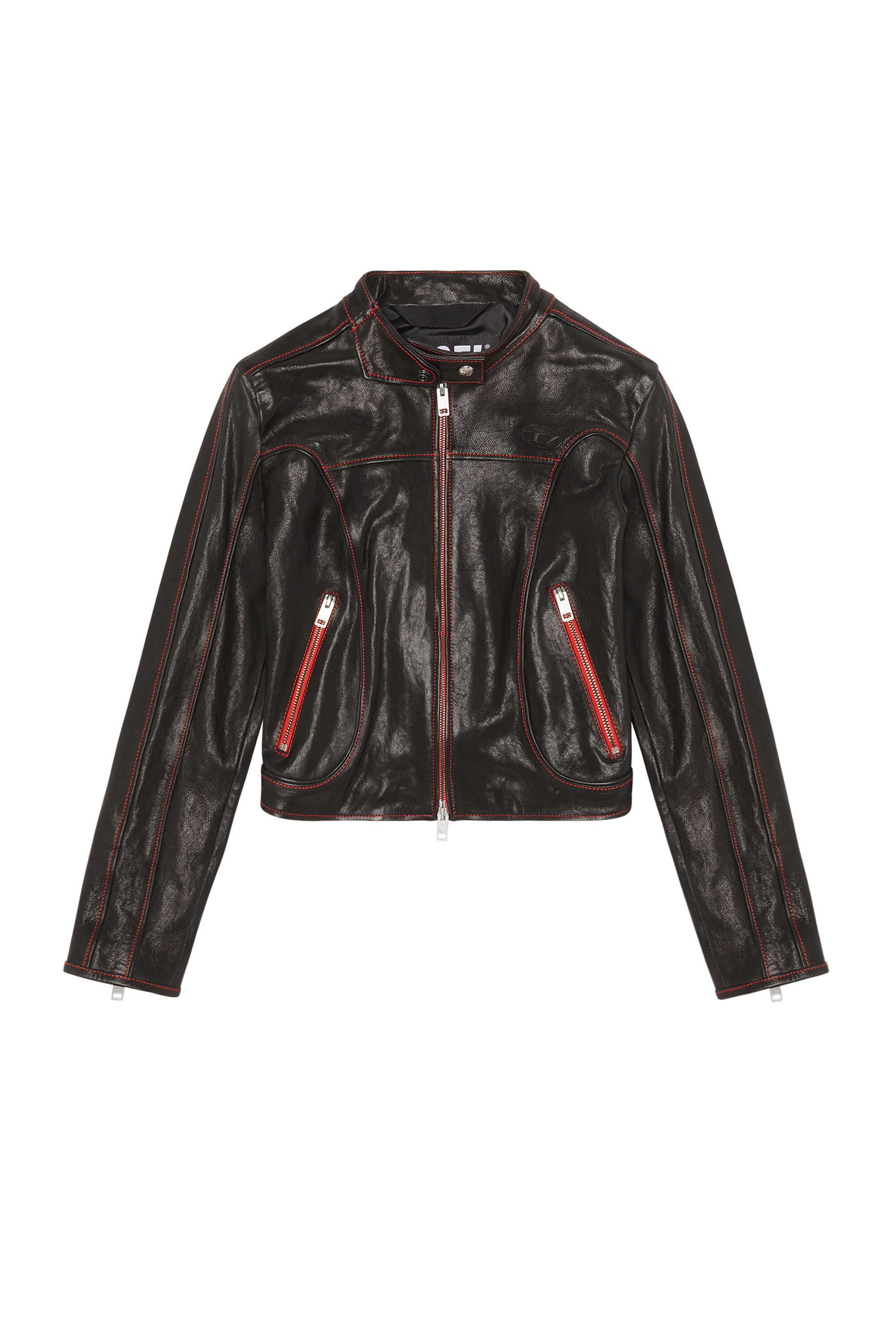L FOX A Woman Leather biker jacket with contrast details Diesel