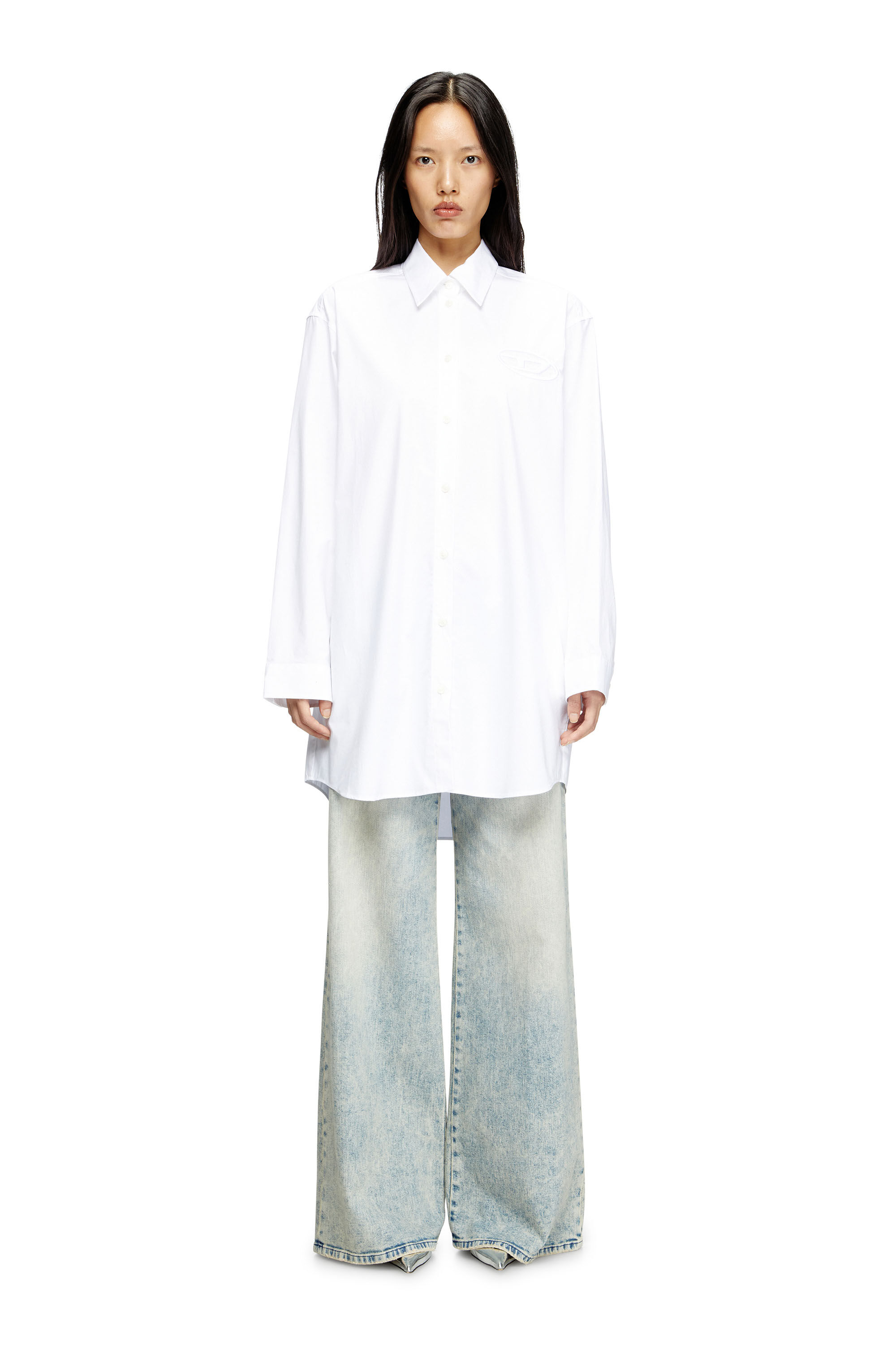 Diesel - D-DALIS, Woman's Short shirt dress with embroidered logo in White - 1