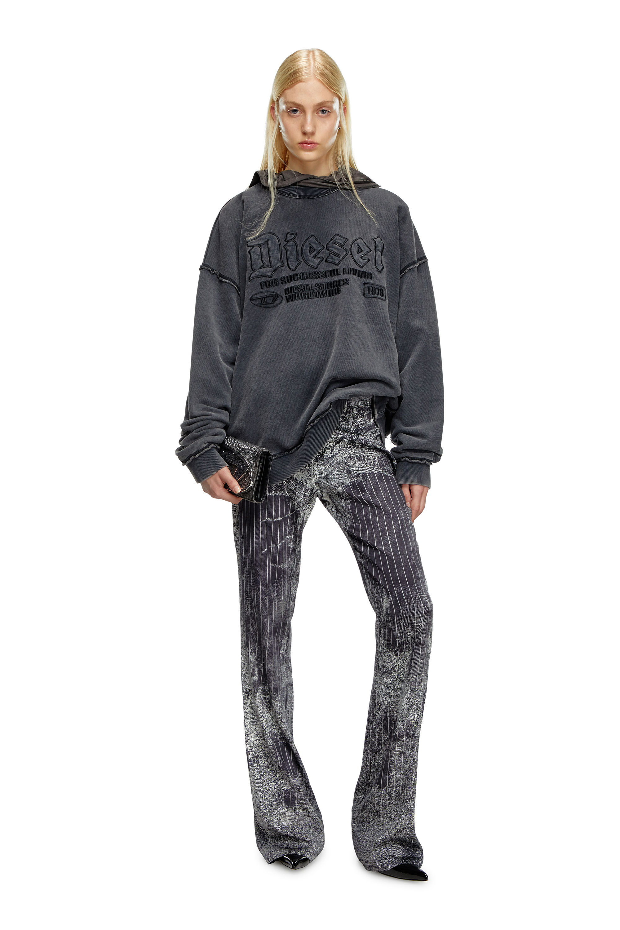 Women s Bootcut satin pants with pinstripe print Black Diesel