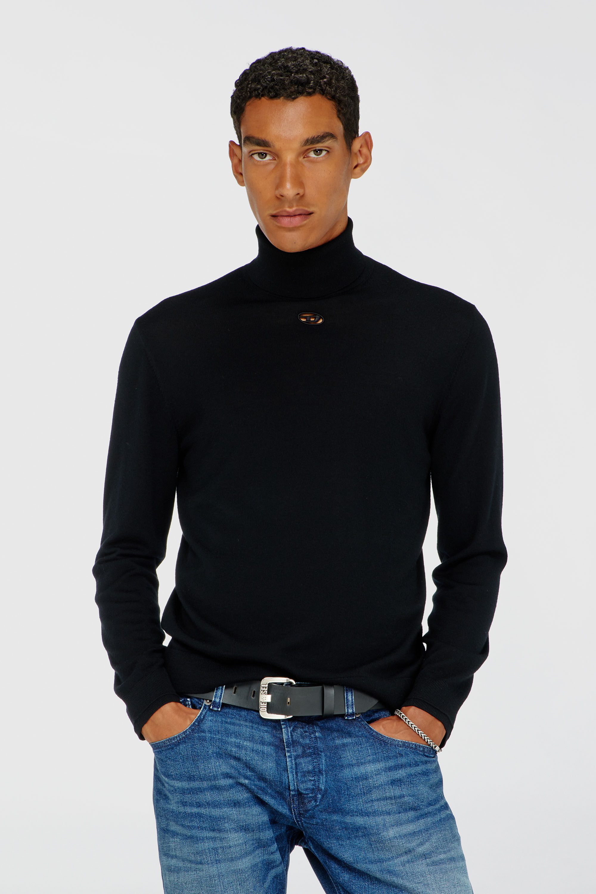 Diesel - K-VARTA, Man's Wool turtleneck jumper with cut-out logo in Black - 3