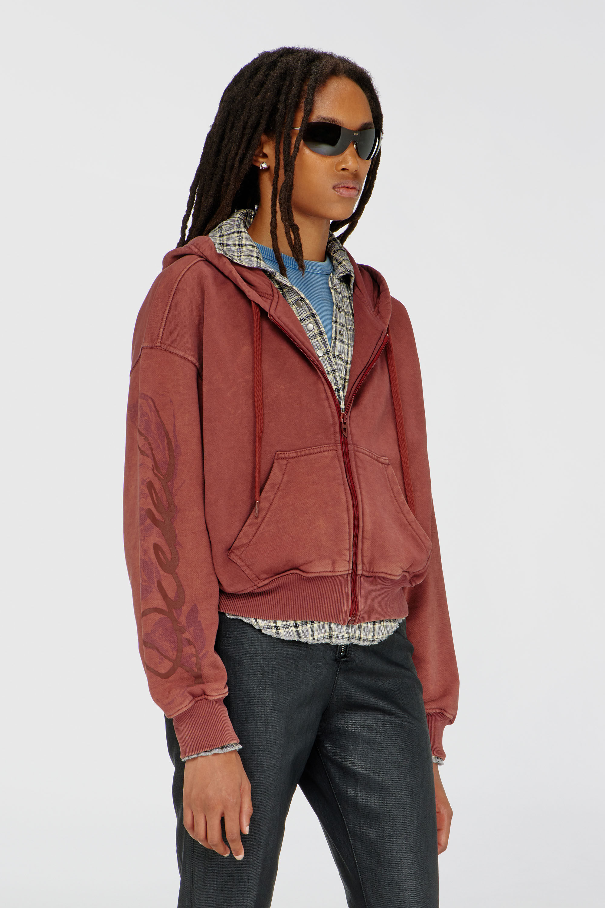 Diesel - F-ELYCY, Woman's Zip-up hoodie with puff-print floral logo in Brown - 3