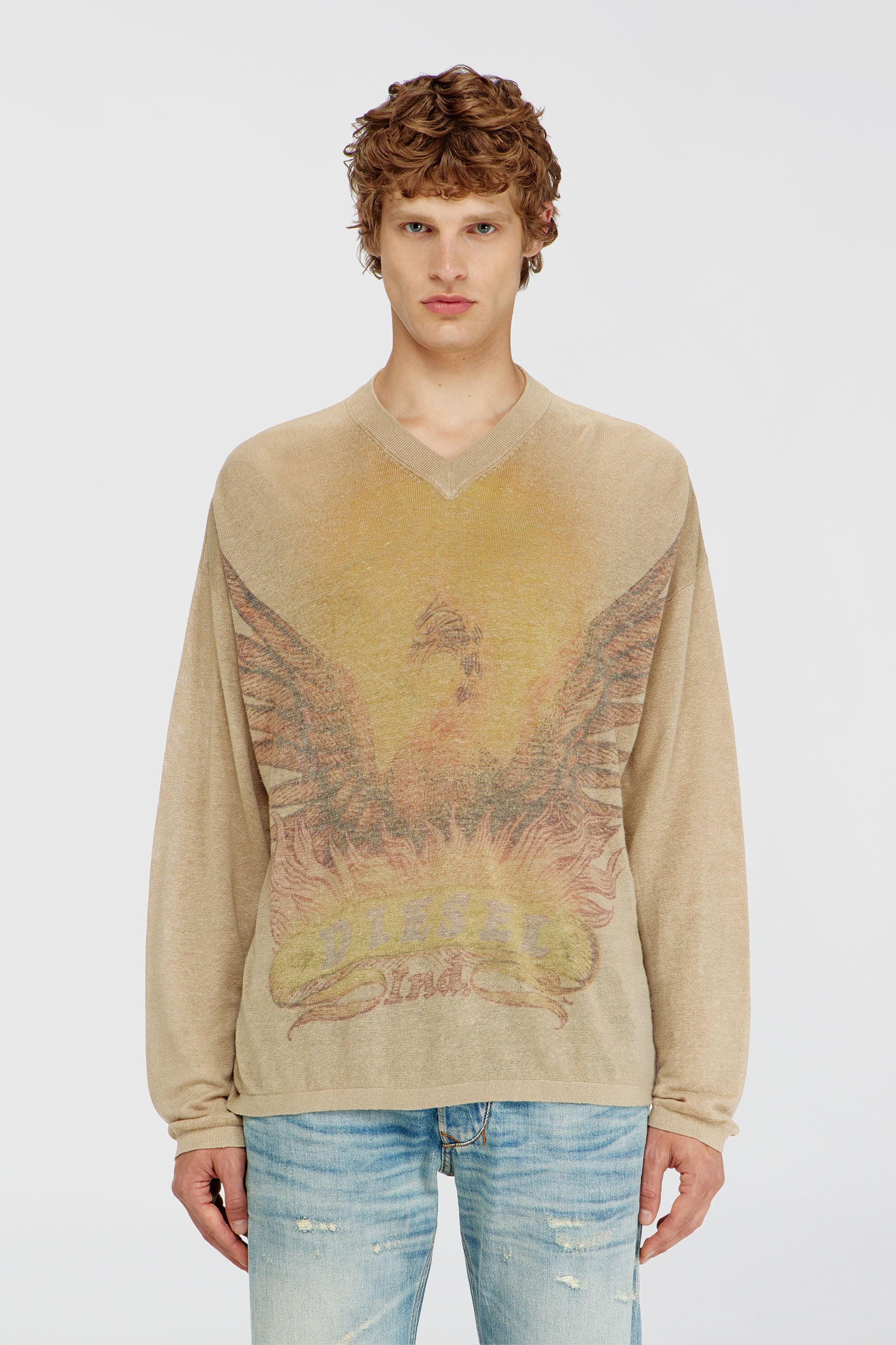 Diesel - K-ARMINS, Man's Linen jumper with faded Phoenix print in Beige - 3