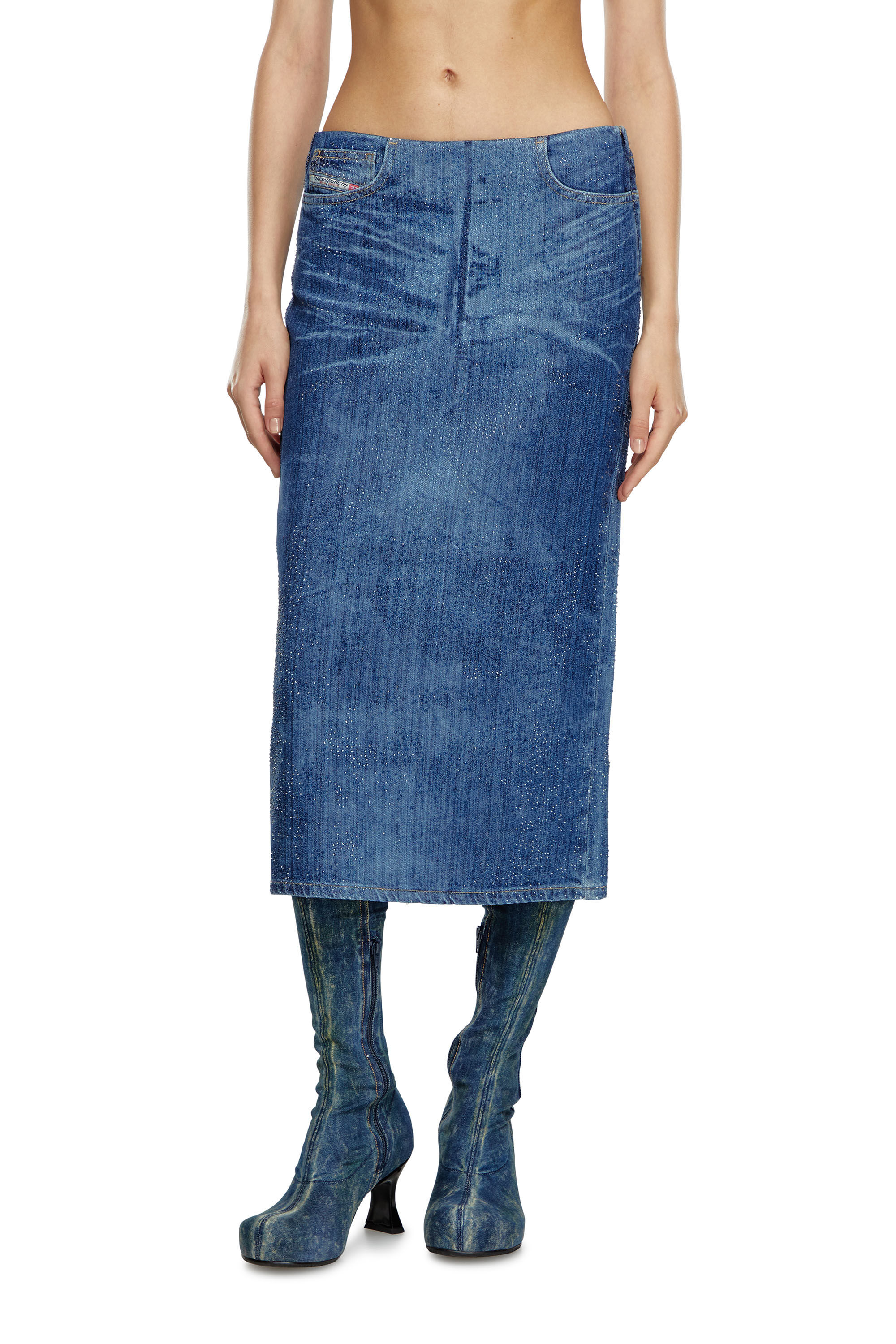 Diesel - DE-PRA-S3, Woman's Pencil skirt in rhinestone denim in Dark Blue - 3