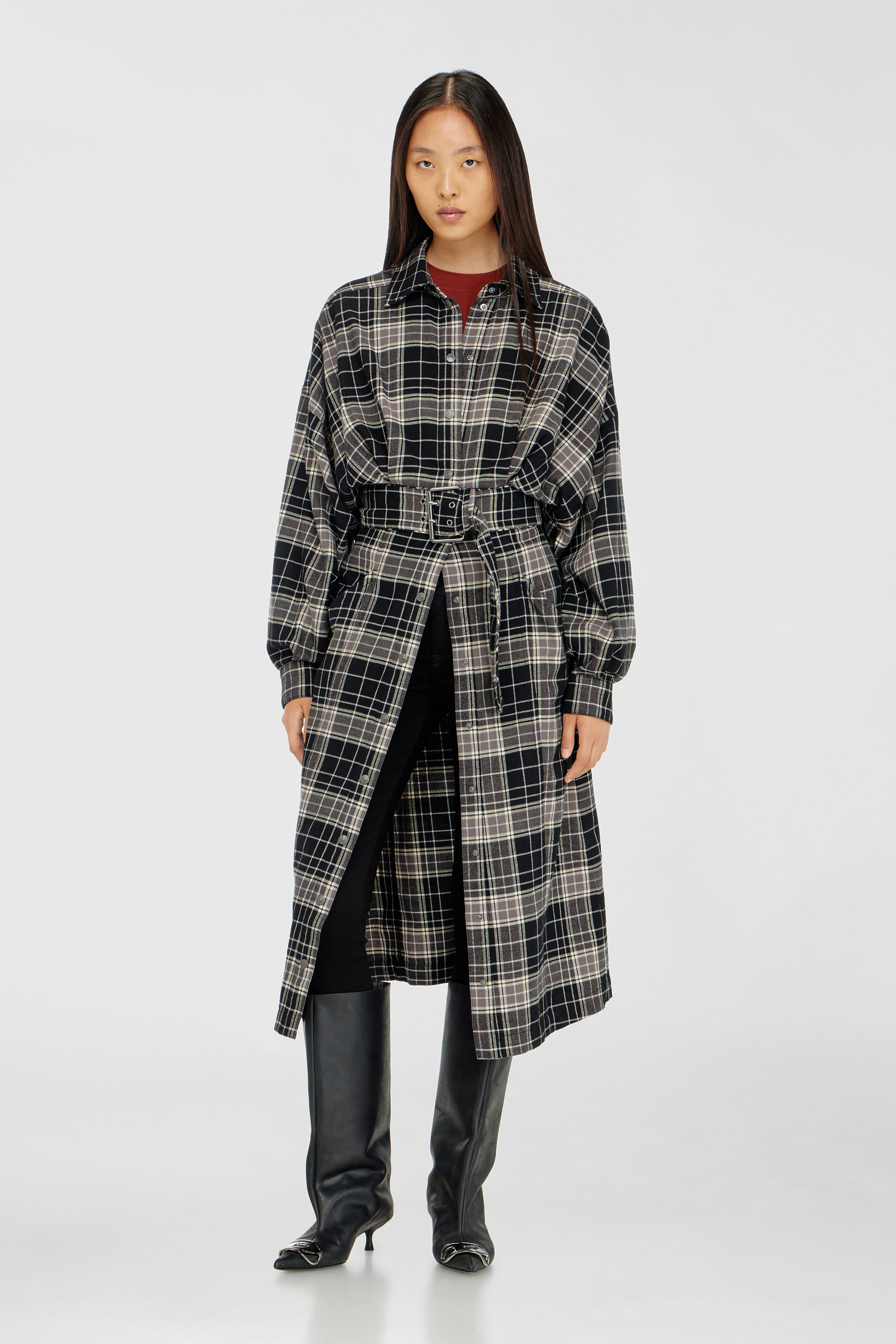 Diesel - D-EDALUS, Woman's Midi dress in check flannel with wide belt in Grey/Black - 3