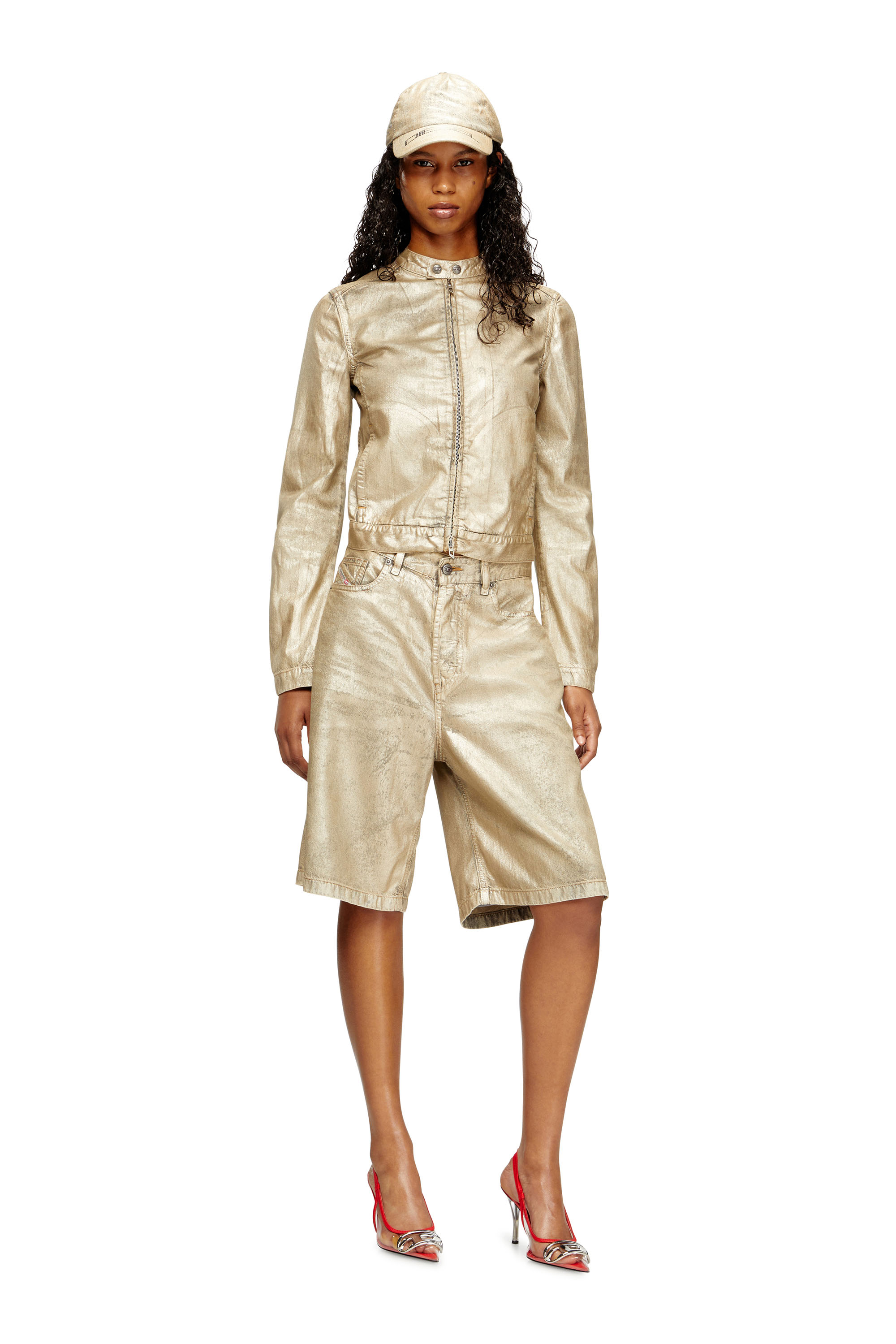 Diesel - DE-MORNIN-KG, Woman's Moto jacket in distressed metallic denim in Gold - 2