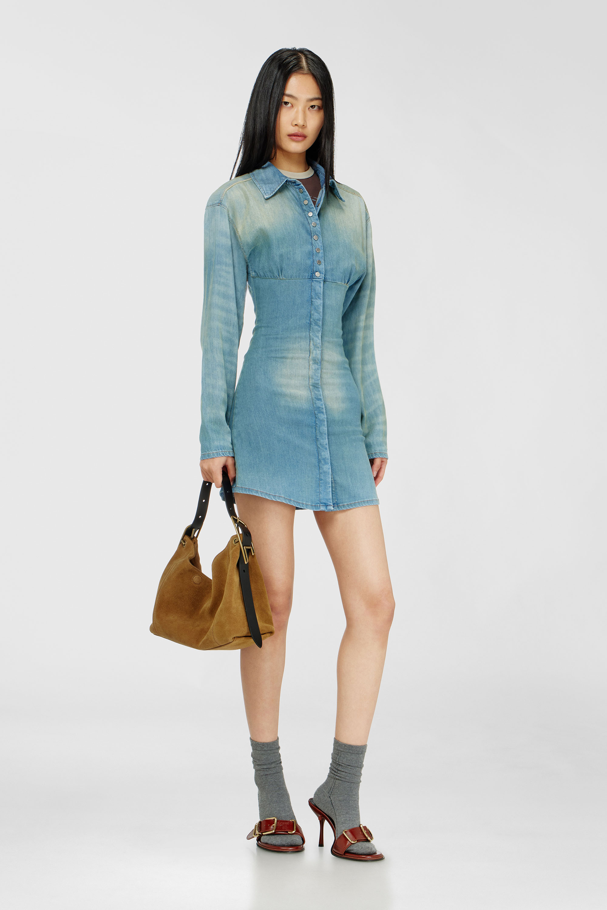 Diesel - DE-VIOLIM-S, Woman's Denim mini shirt dress with sectioned design in Light Blue - 1