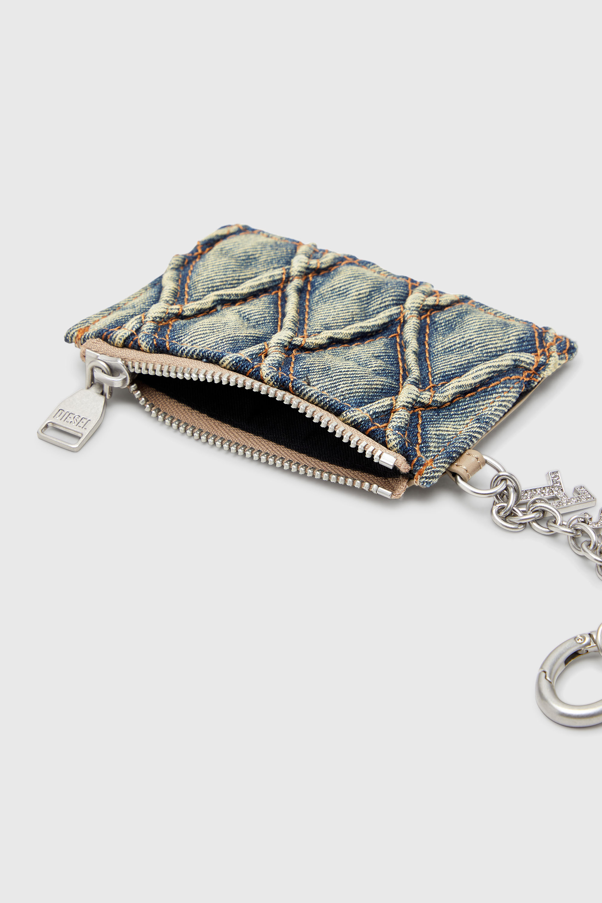 Diesel - CARD HOLDER WITH CHAIN, Woman's Card holder in argyle quilted denim in Blue - 3