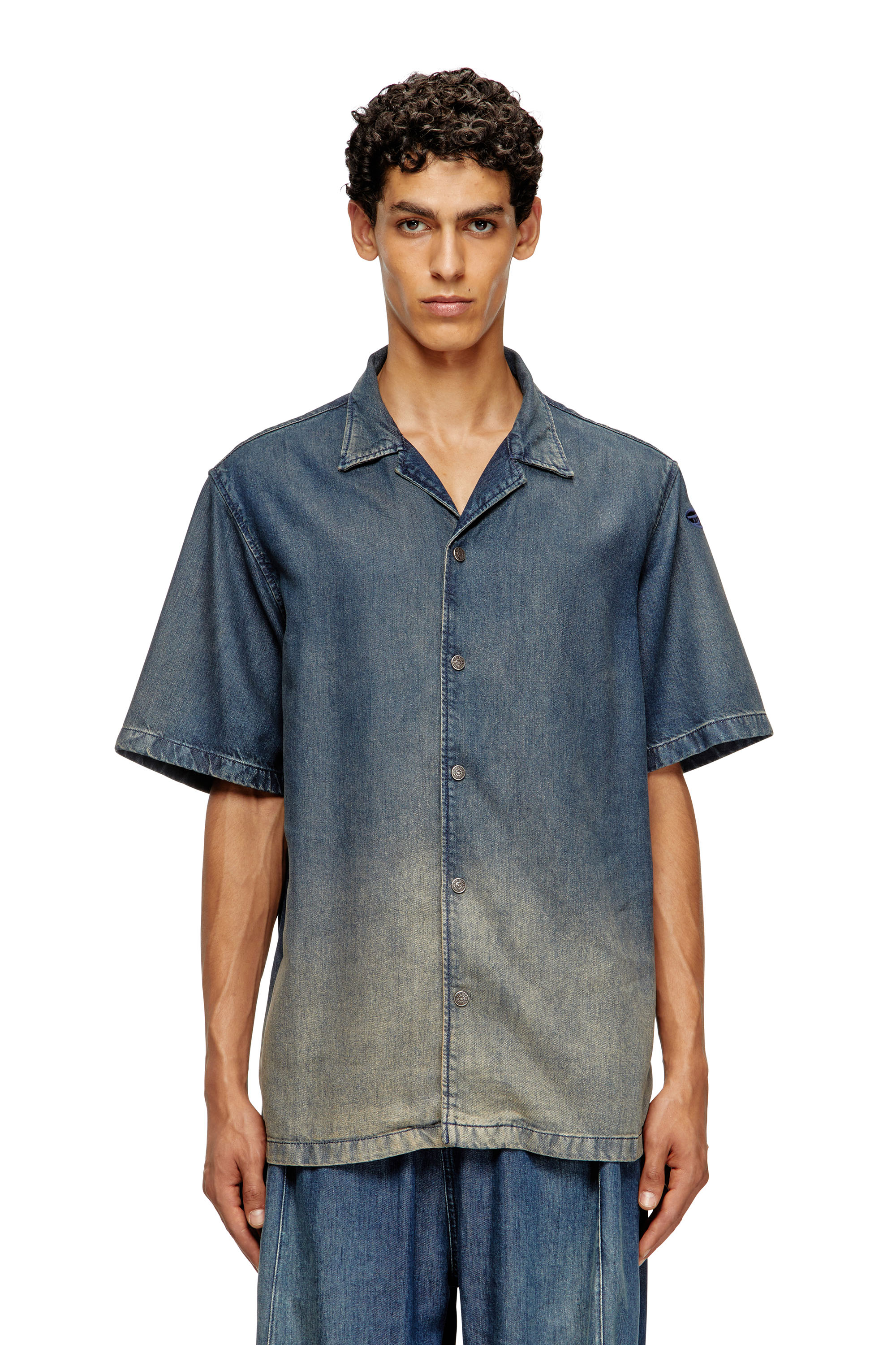 Diesel - D-NABIL-S3, Man's Bowling shirt in gradient fluid denim in Dark Blue - 3