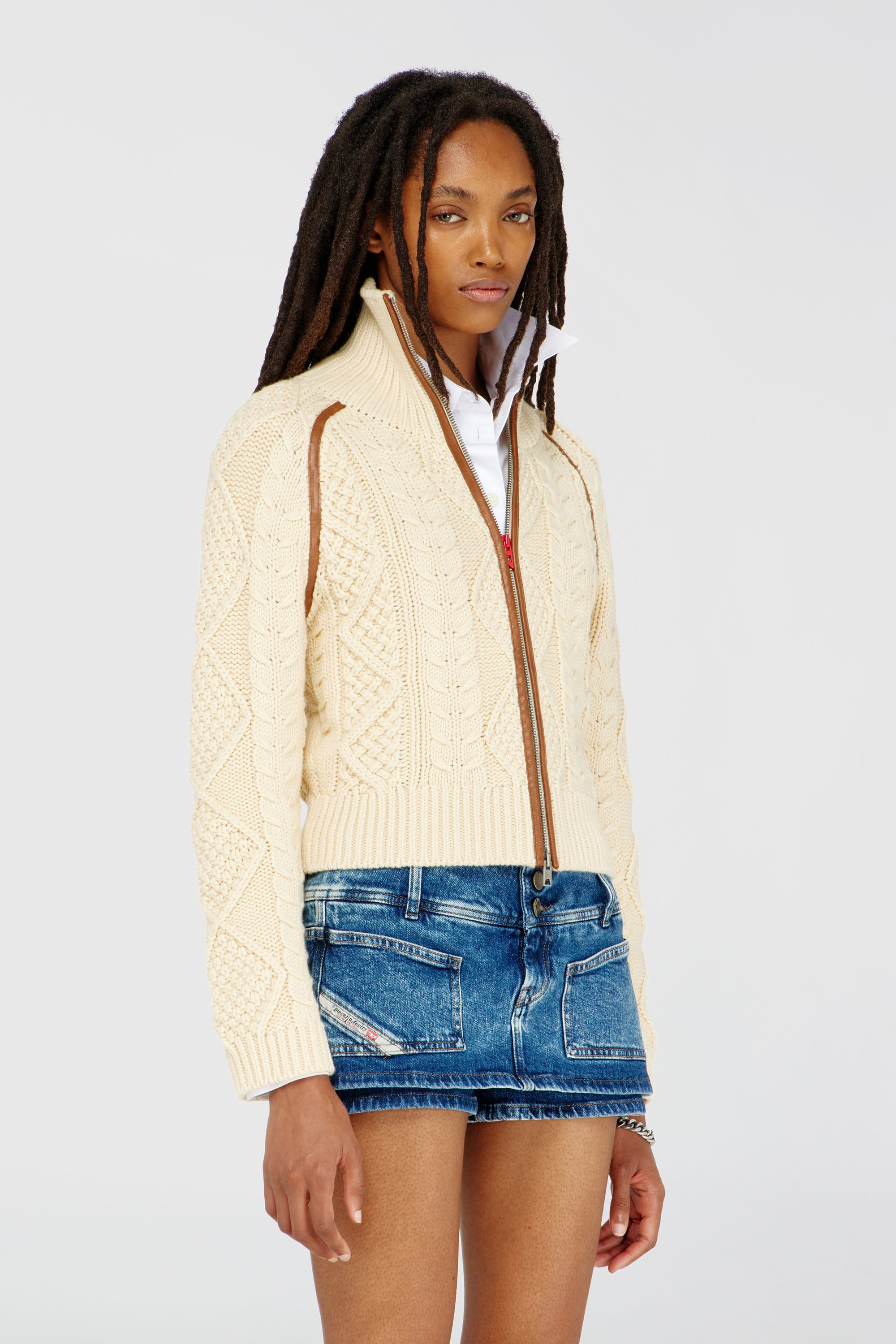 Diesel - M-INTELLE, Woman's Cable-knit cardigan with contrast bands in Beige - 1