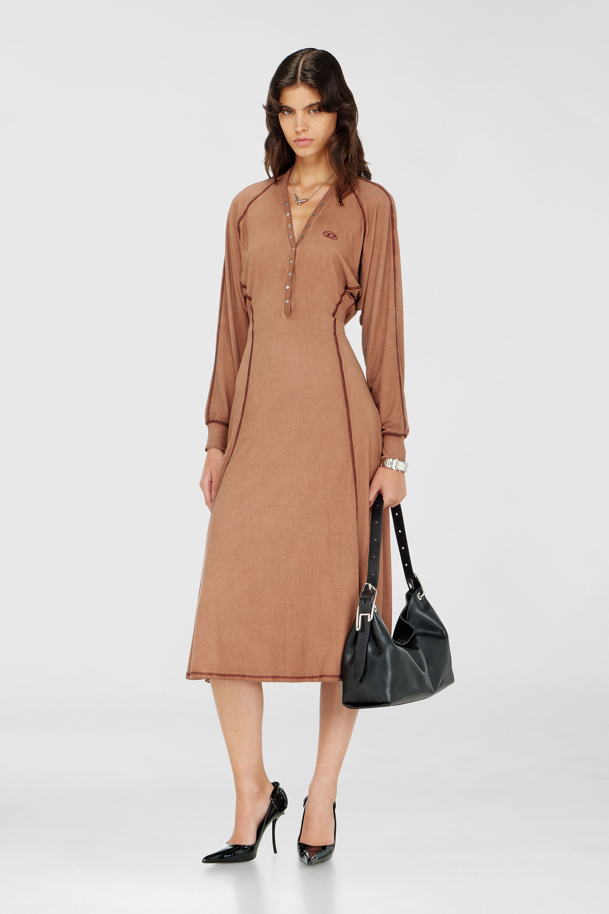 Diesel - D-ISERINA, Woman's Midi dress in ribbed jersey with batwing sleeves in Light Brown - 1