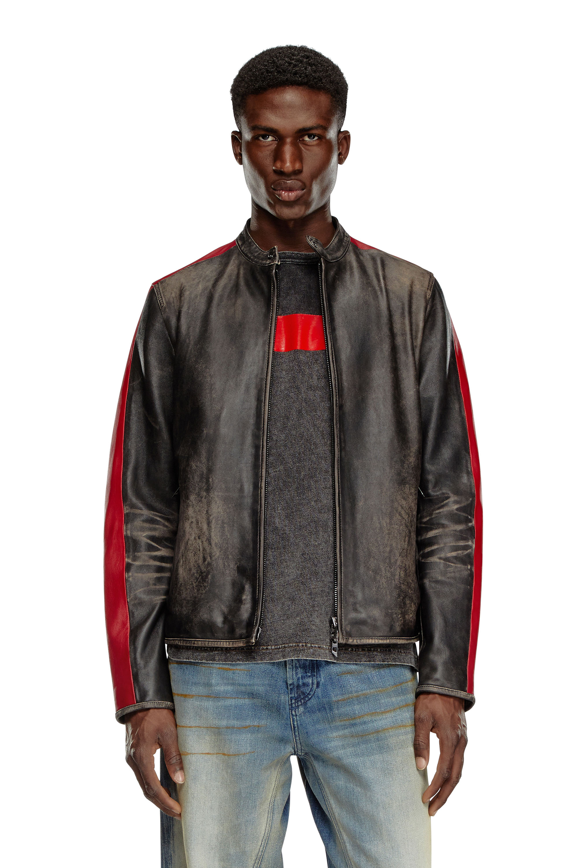 Diesel - L-RENN, Man Leather jacket with contrasting stripes in Multicolor - Image 1
