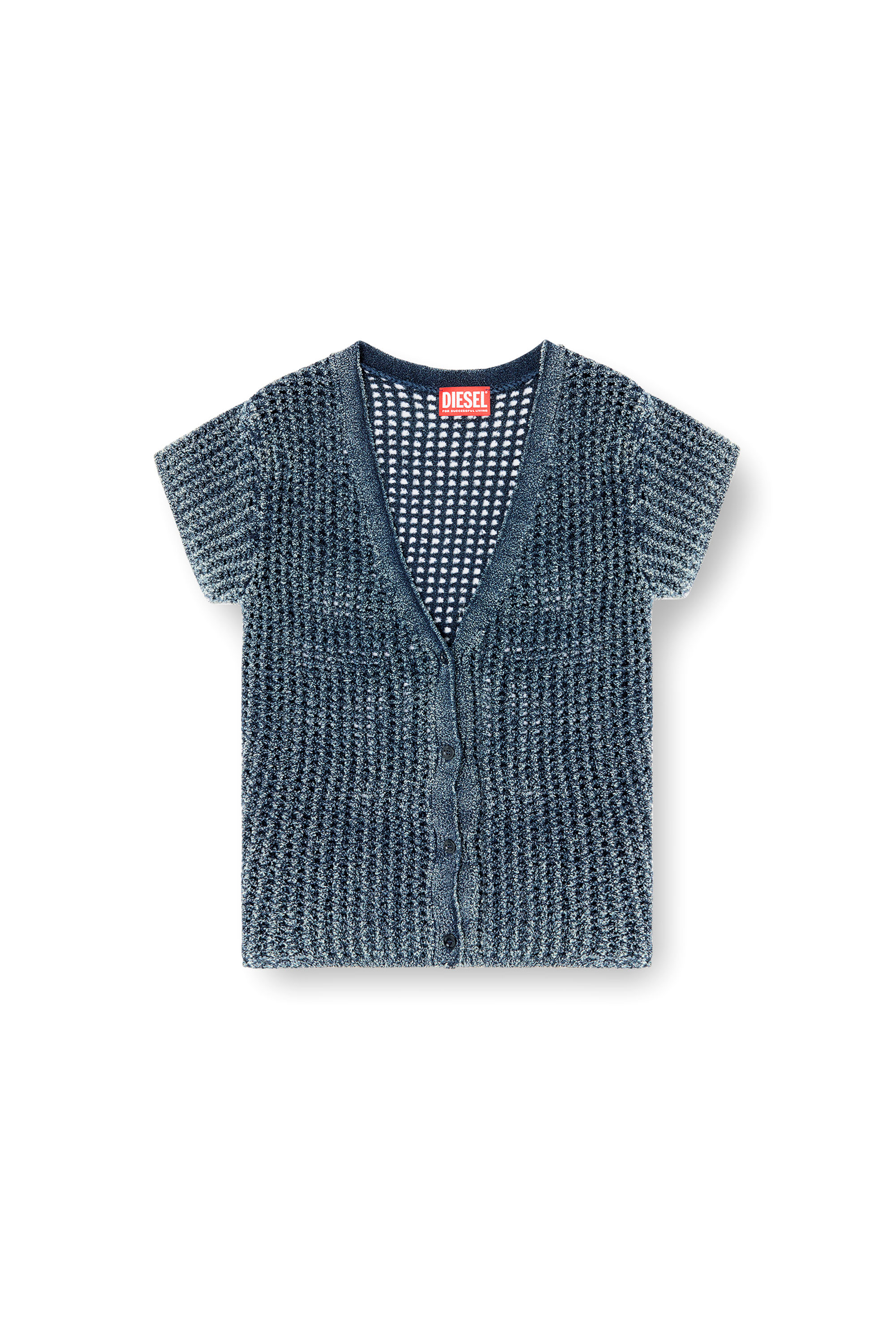 Diesel - M-REZ, Woman's Short-sleeve cardigan in denim mesh knit in Medium blue - 3