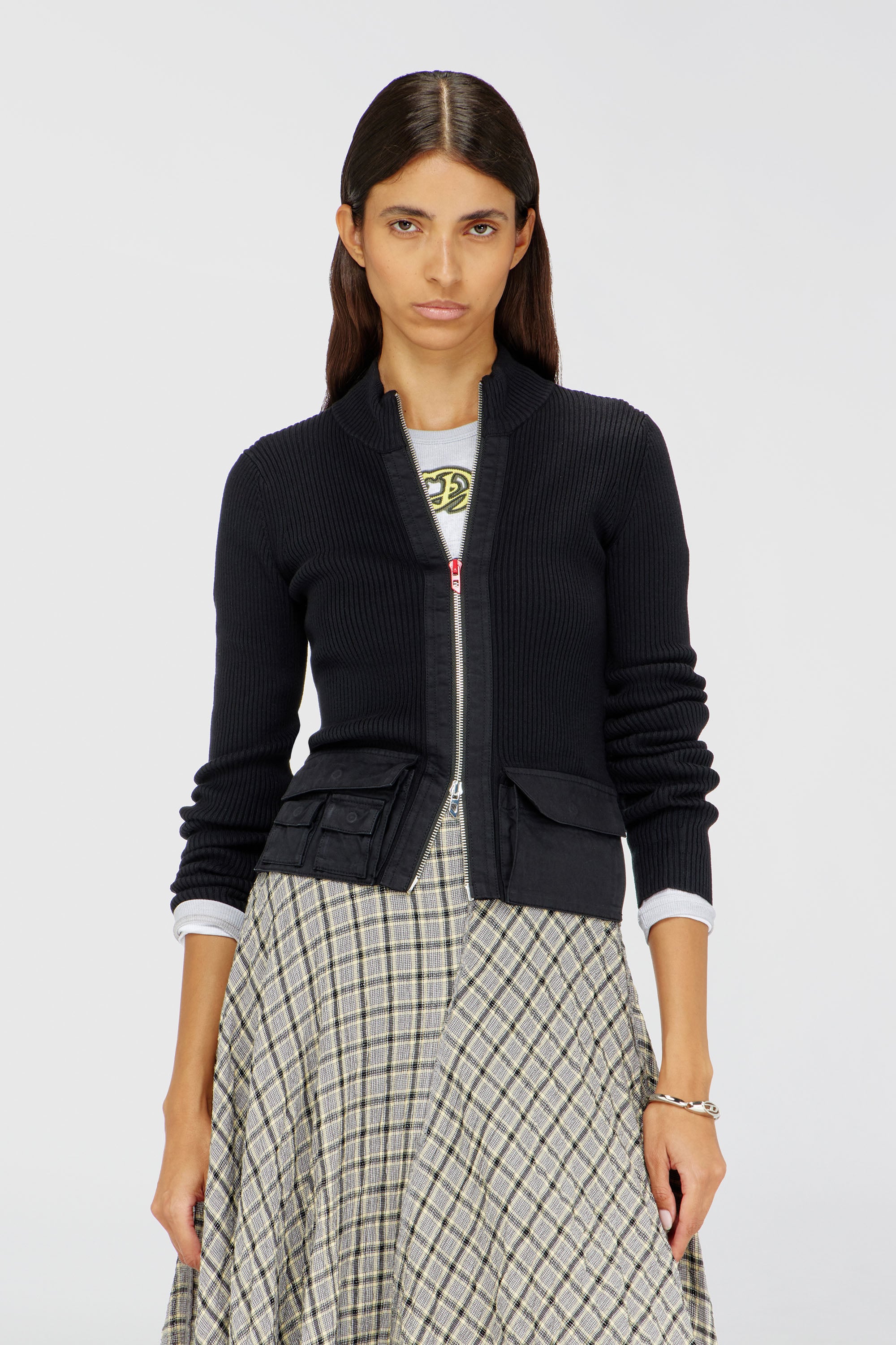 Diesel - M-MELISSA, Woman's Ribbed cardigan with cargo pockets in Black - 1