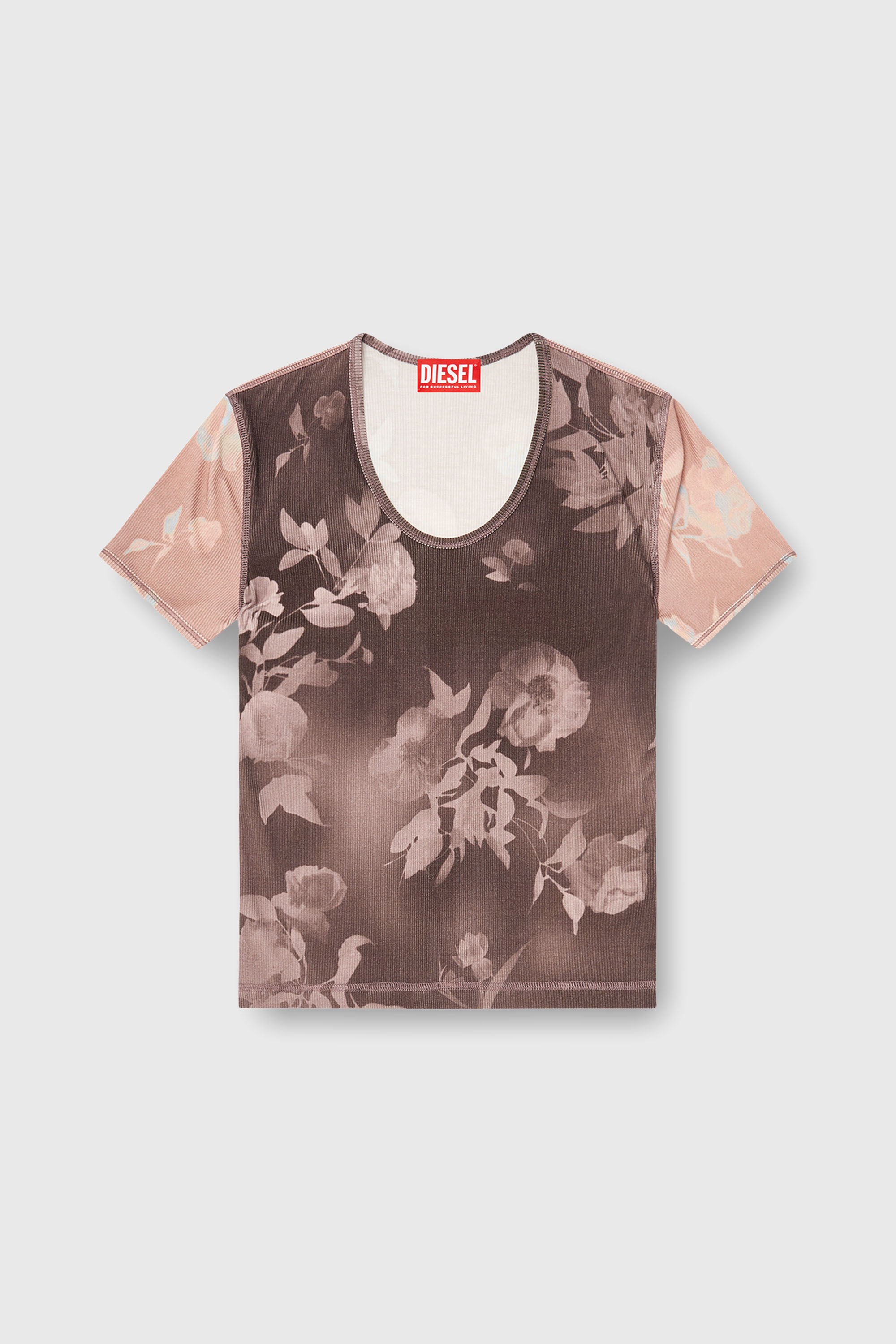 Diesel - T-ELENEWU, Woman's Top in floral-print ribbed jersey in Brown/Pink - 2
