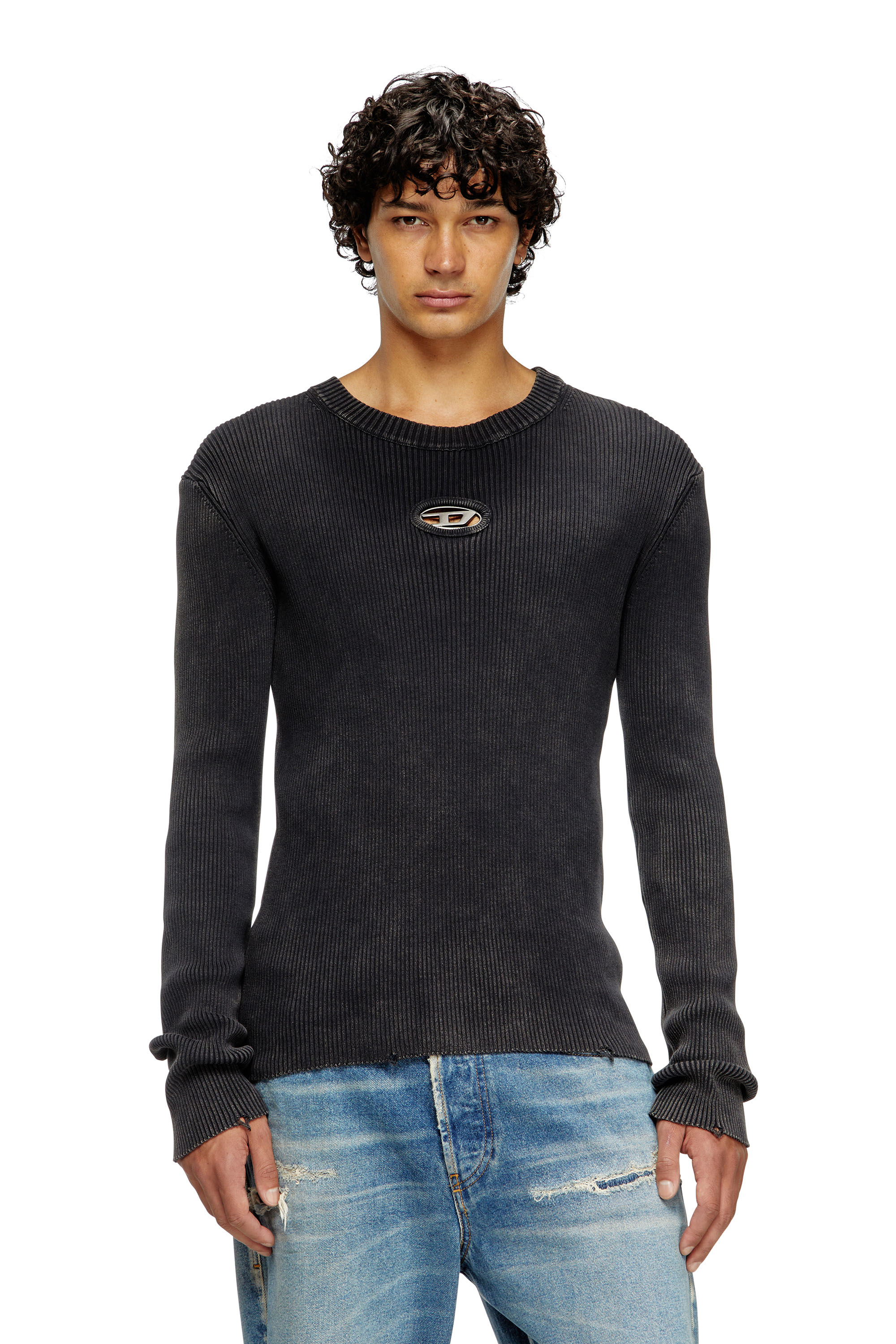 Diesel - K-DARIN-D, Man's Distressed jumper with cut-out logo in Black - 3