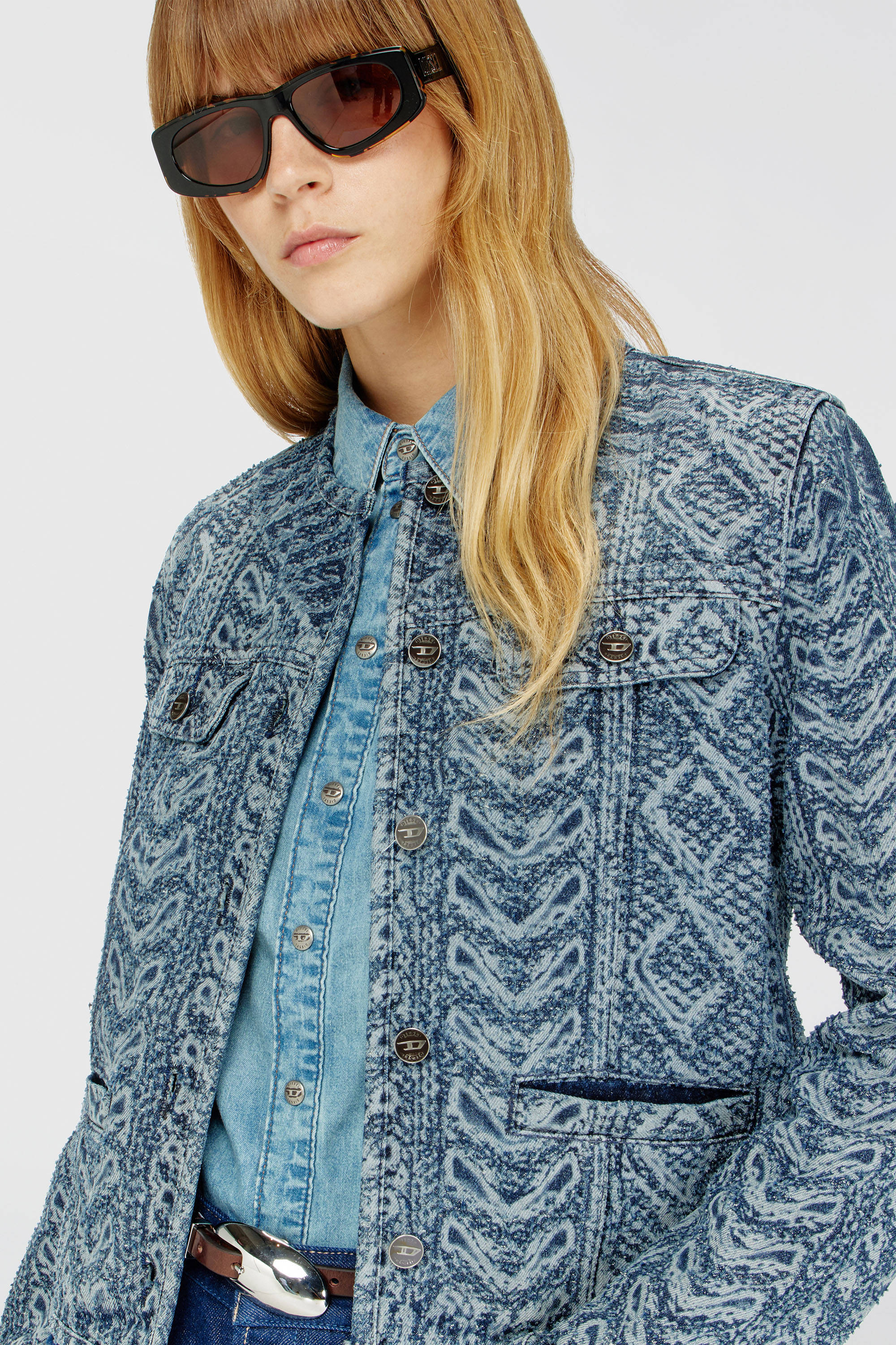Diesel - DE-GRAFY-S2, Woman's Collarless jacket in cable-knit-effect denim in Medium blue - 5