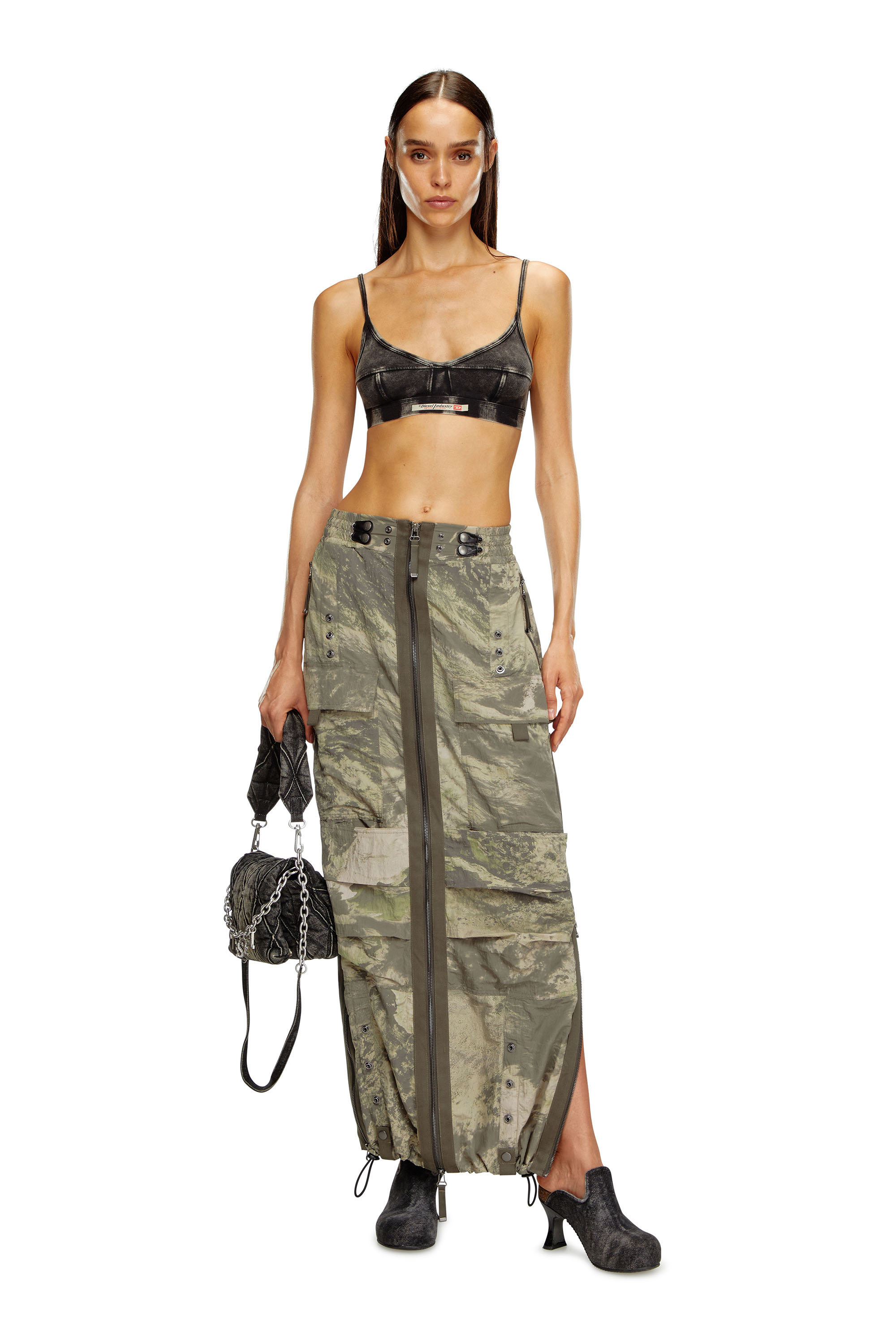O-CREP-N1, Military Green Diesel - O-CREP-N1, Woman's Long skirt with cargo pockets in Military Green - 1