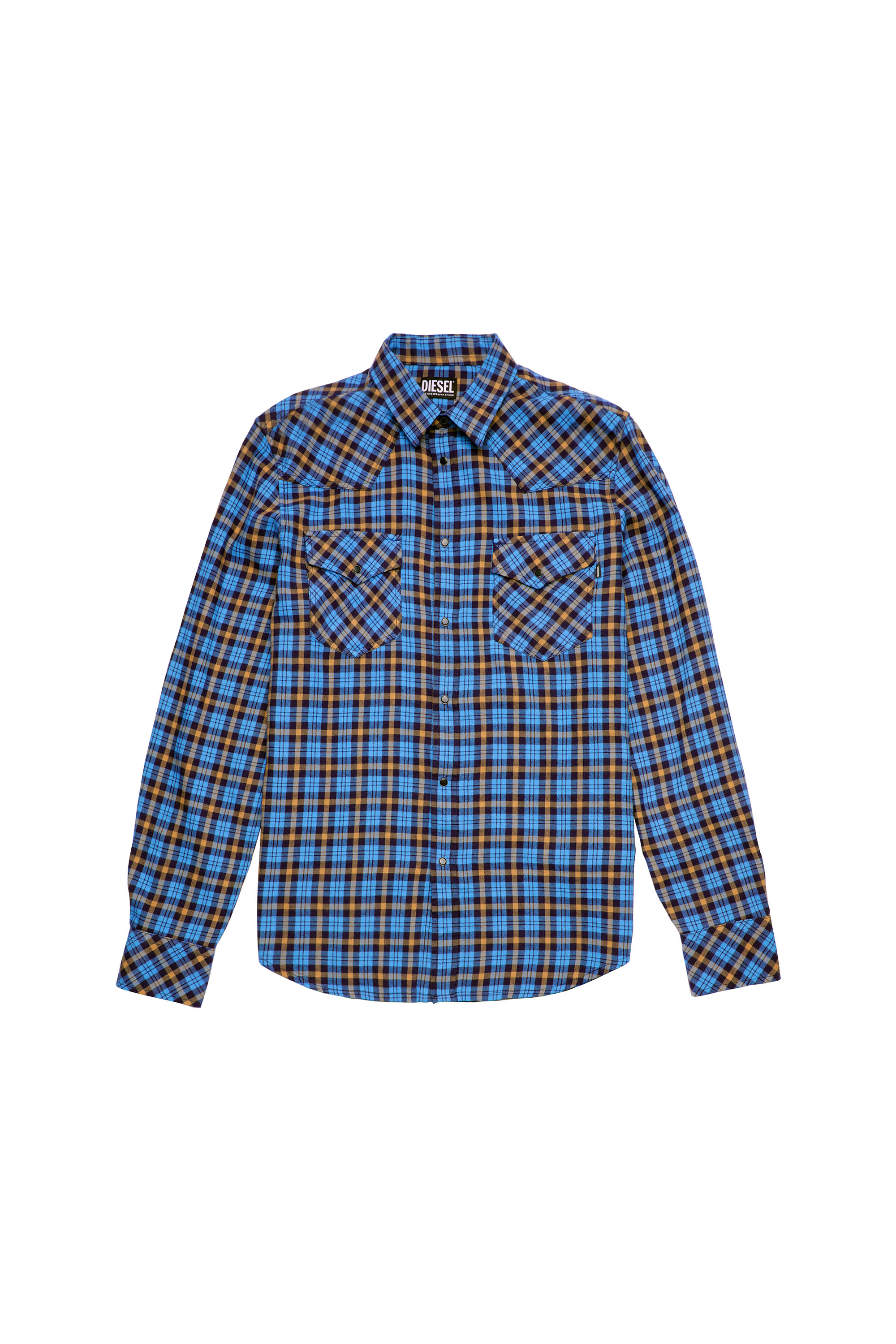 S-EAST-LONG-CHK-B, Orange/Blue - Shirts
