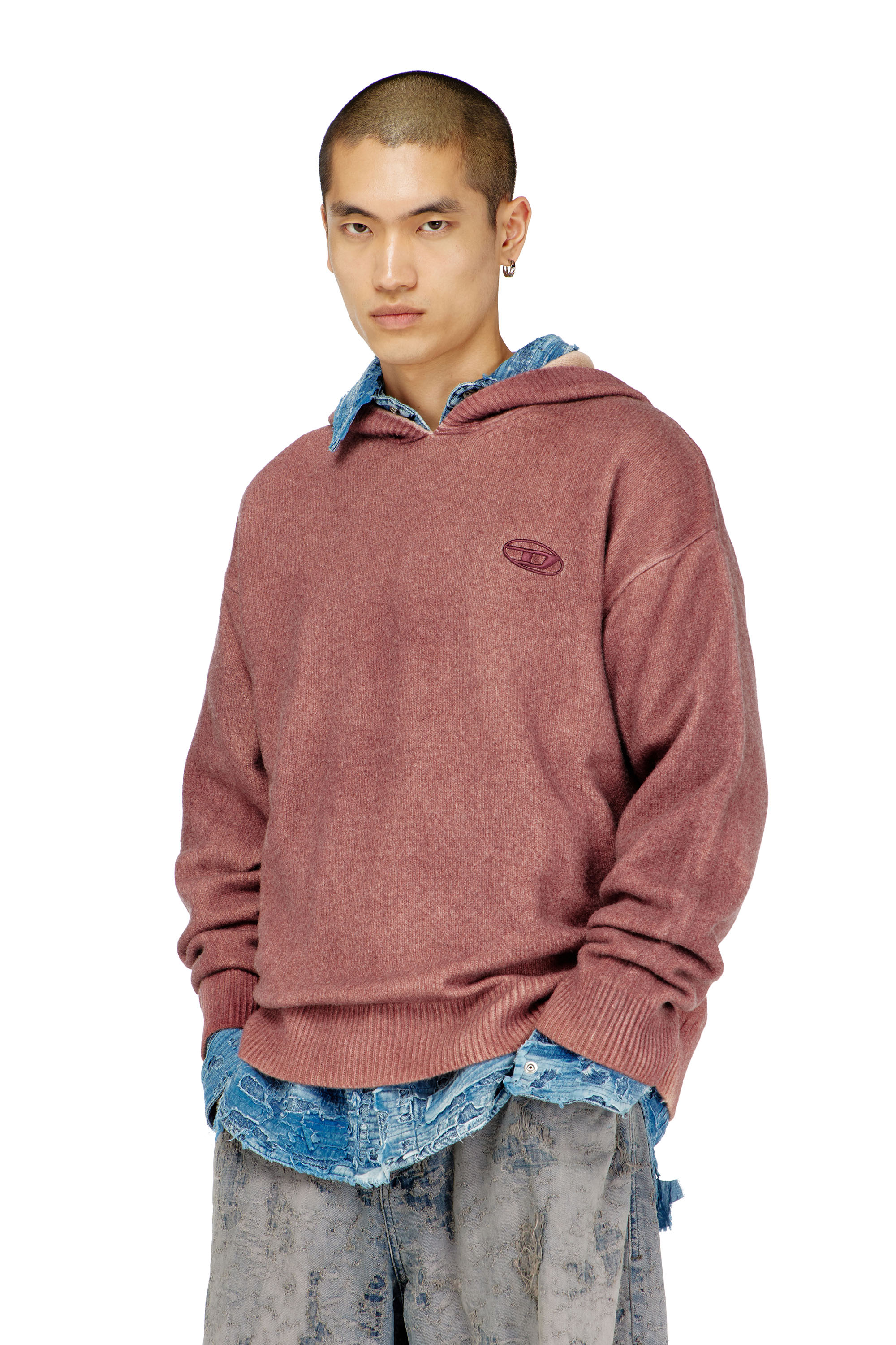 Diesel - K-PICKLED, Man's Double-dyed hoodie in wool-blend knit in Bordeaux - 3