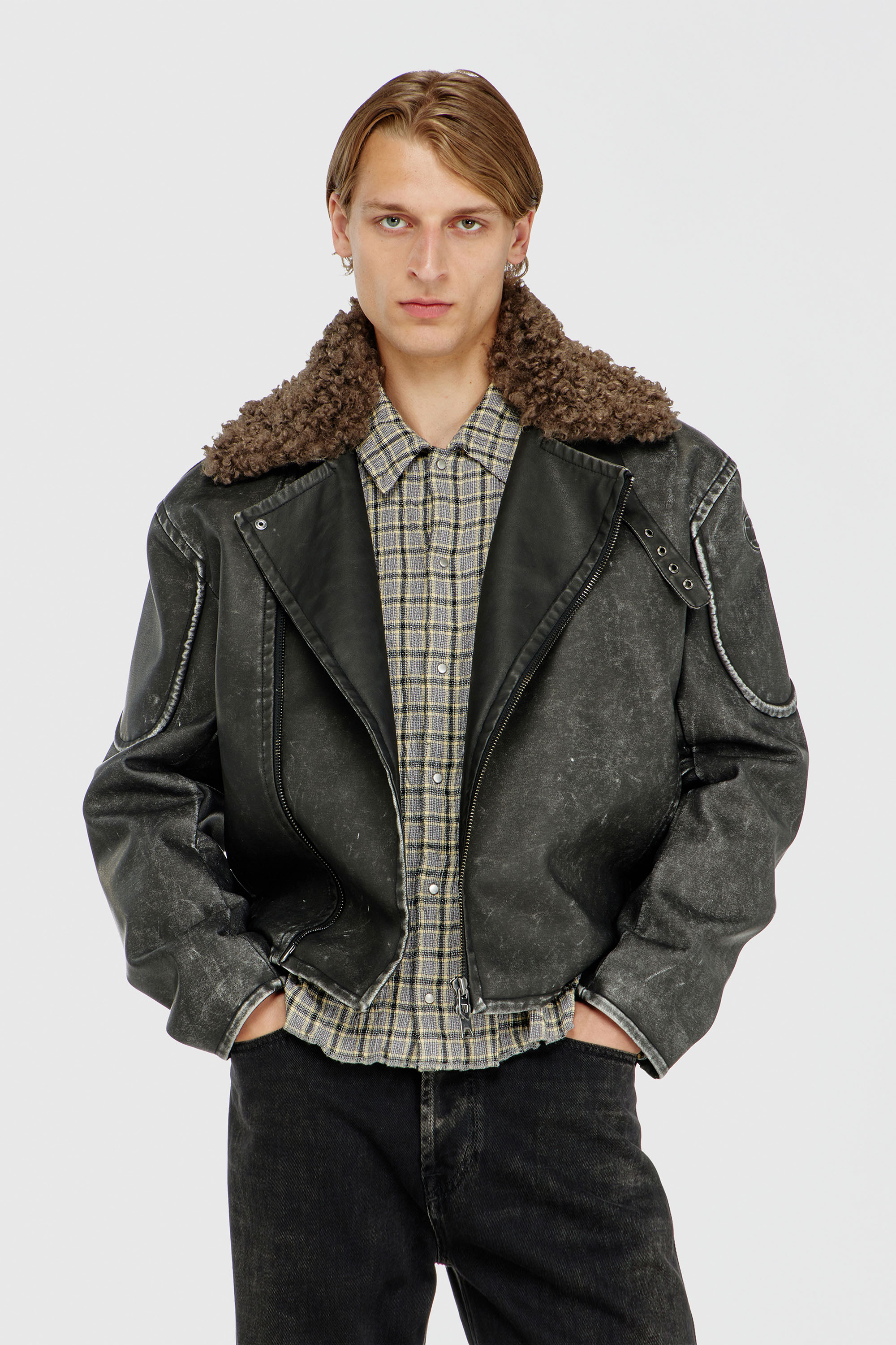 Diesel - W-ALEX, Man's Biker jacket with detachable collar in Dark grey - 3