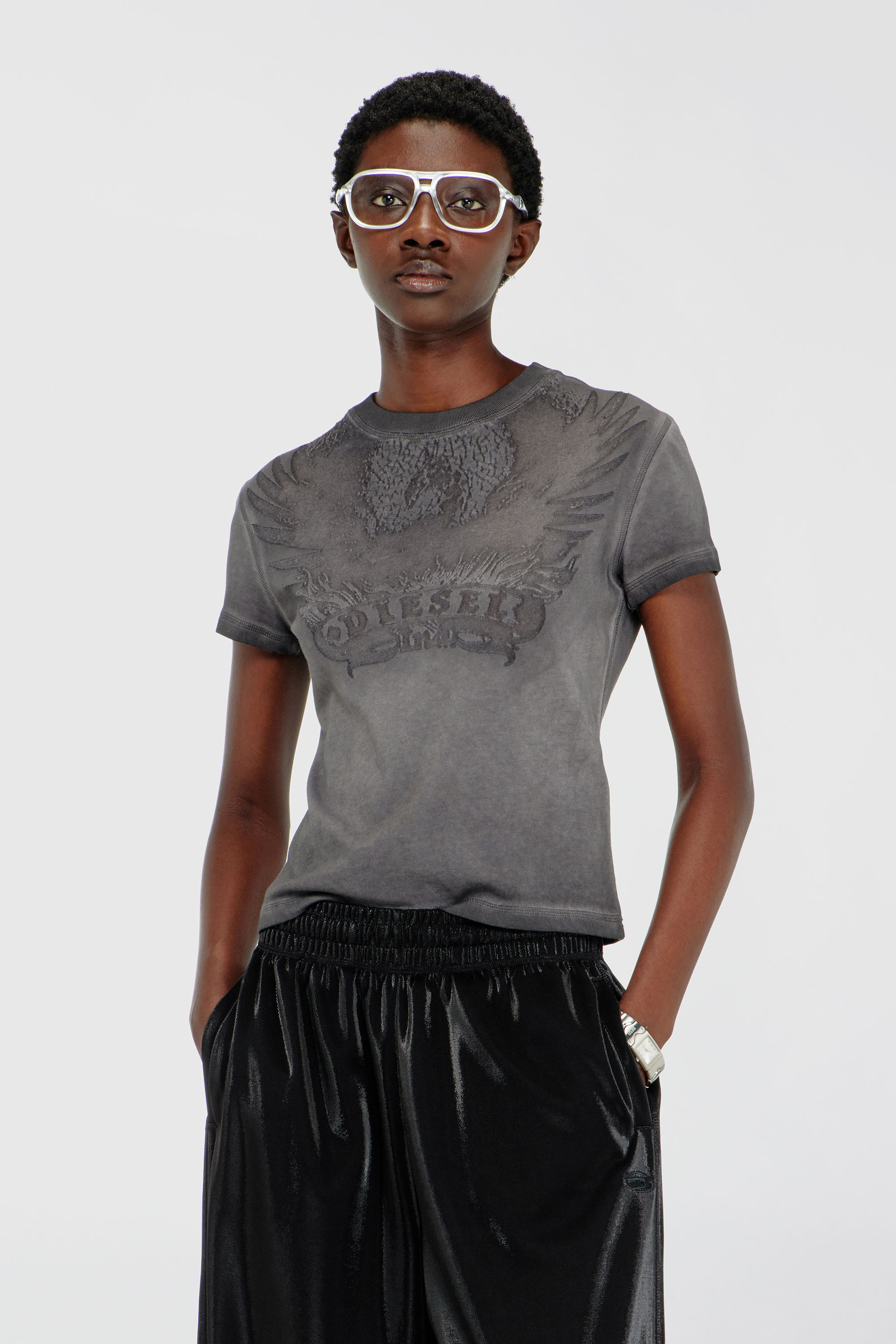 Diesel - T-ILA-AA7, Woman's Slim T-shirt with d&eacute;vor&eacute; Phoenix in Dark grey - 1