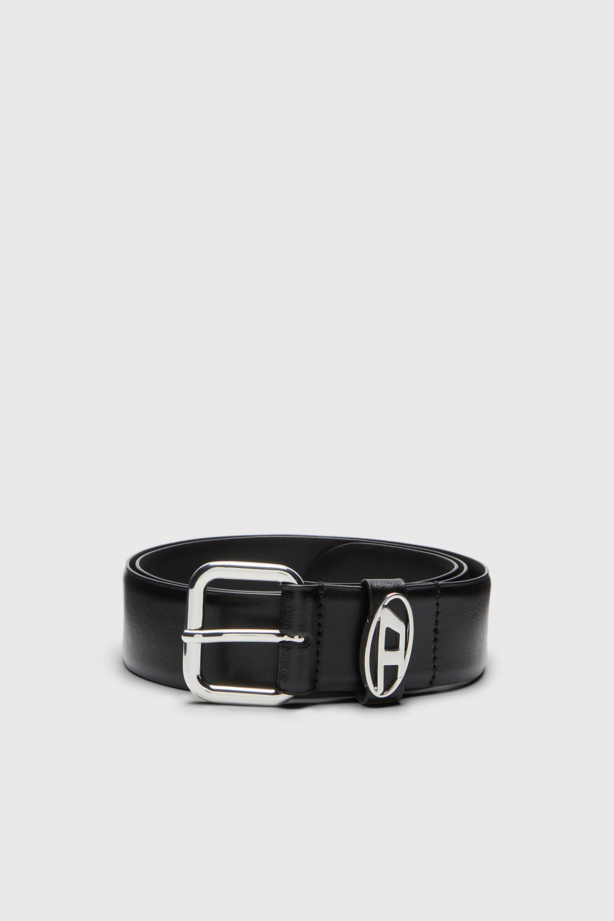 Diesel - B-1DR OVAL D LOOP, Unisex's 3.9cm logo-plaque embellished leather belt in Black/Silver - 1